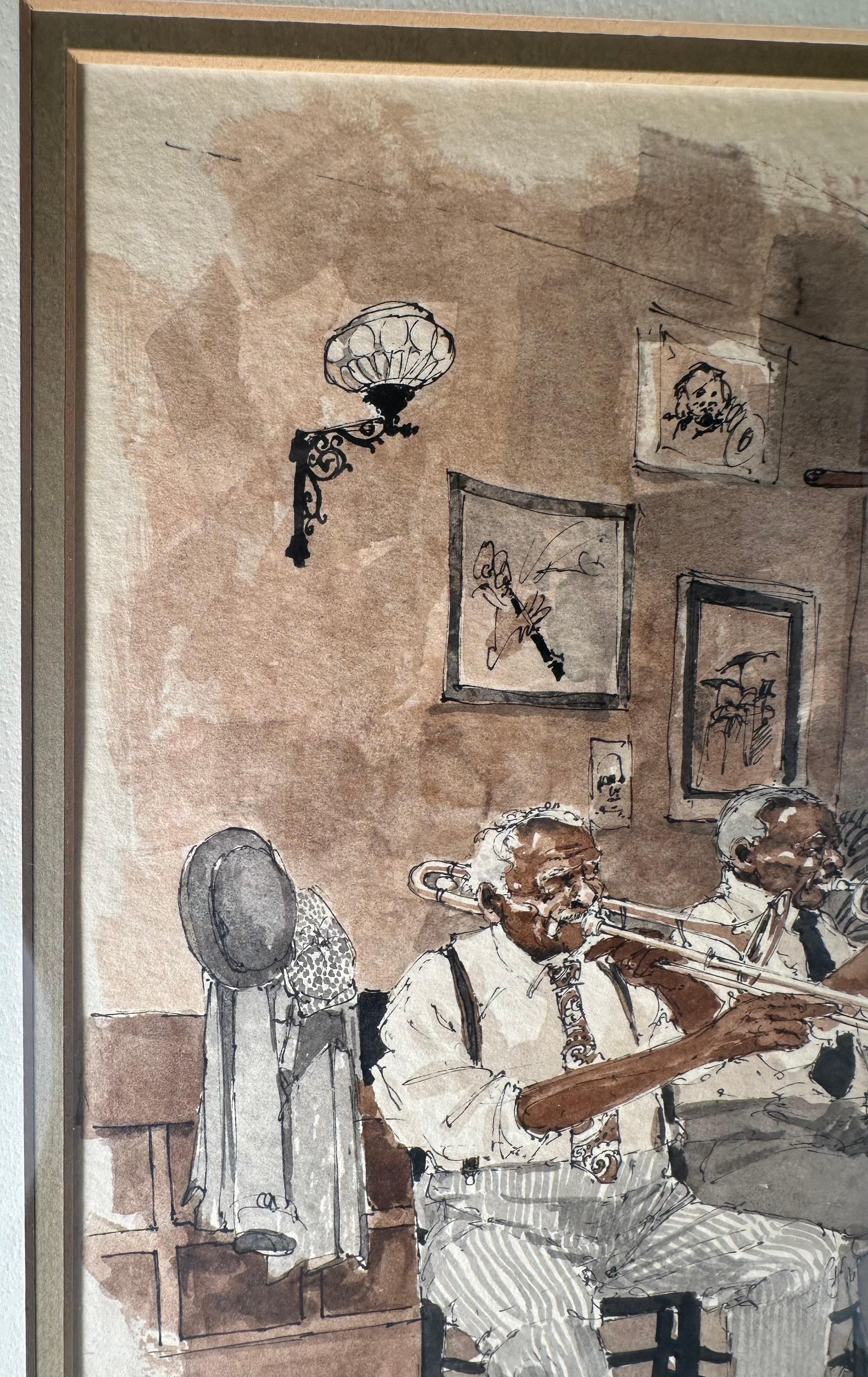 Mitte des Jahrhunderts Original-Aquarell Jazz-Musiker, signiert im Angebot 1