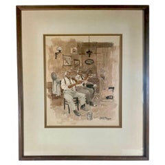 Aquarelle originale du milieu du siècle sur les musiciens de jazz, signée