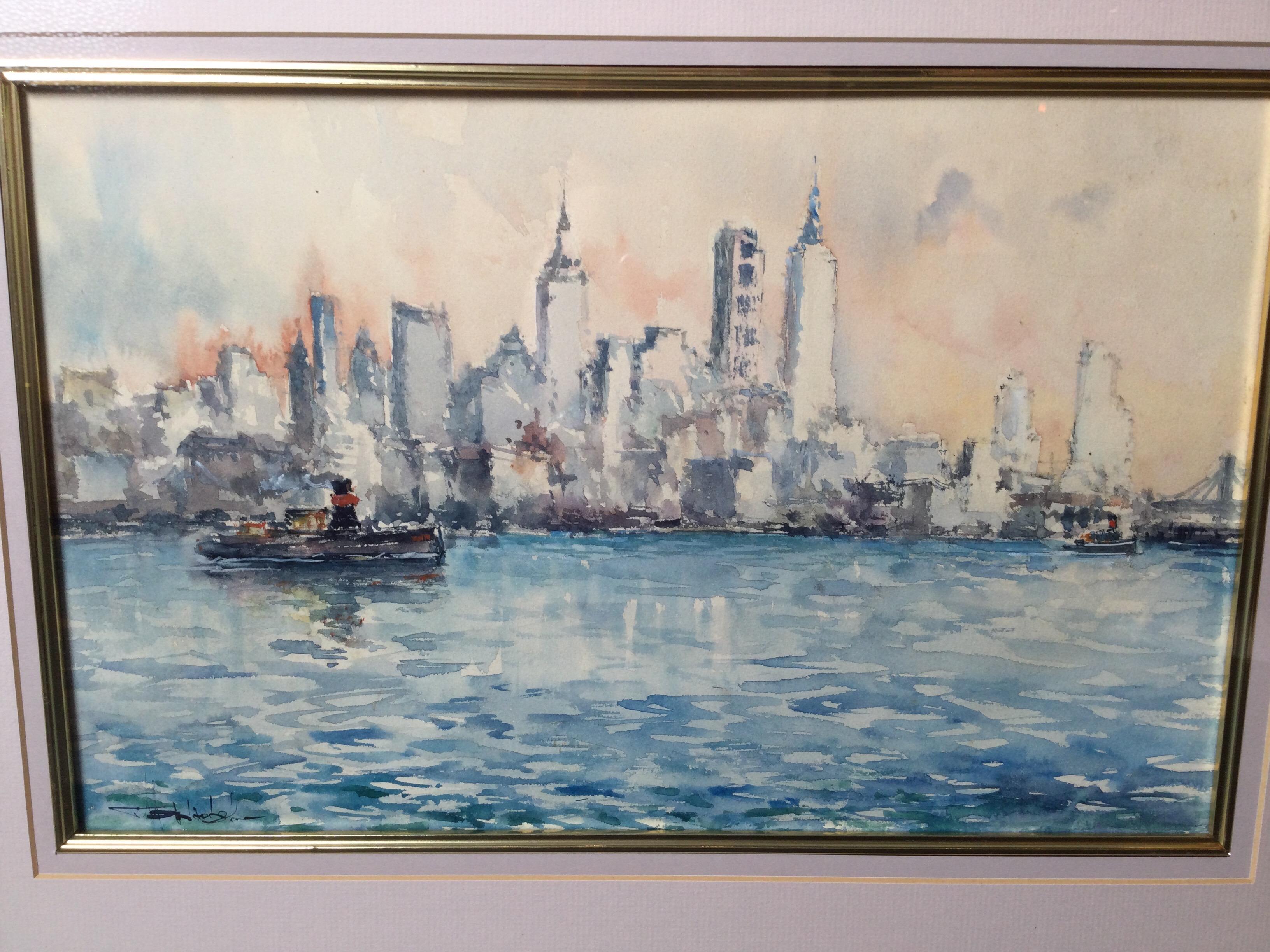 Mid-century original watercolor of the New York City skyline signed lower right, Circa 1940-1950's
Very nice watercolor in a layered matted Frame.
 Dimensions: 23