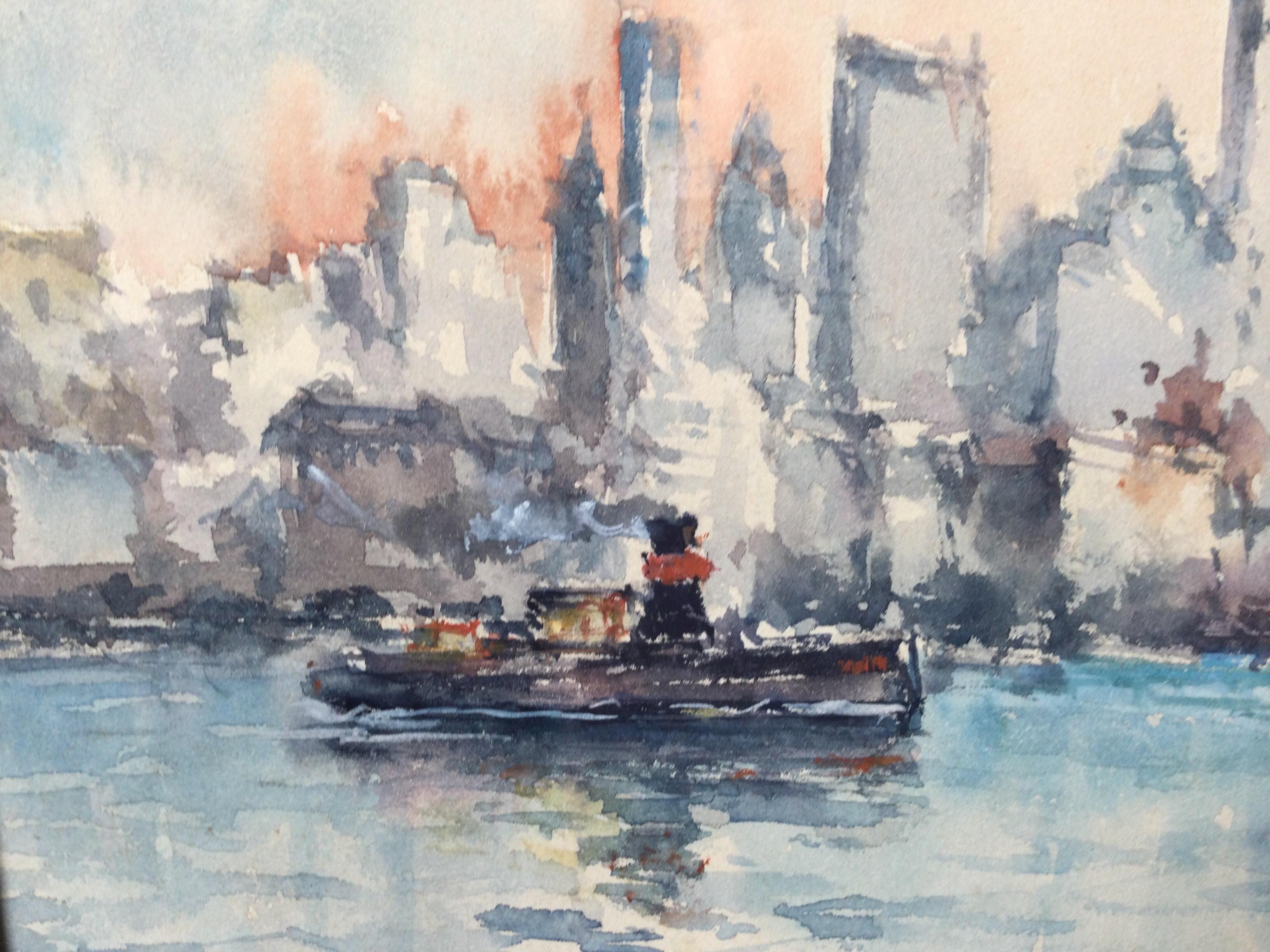 Hand-Painted Mid-Century Original Watercolor of the New York City Skyline Signed Lower Right For Sale