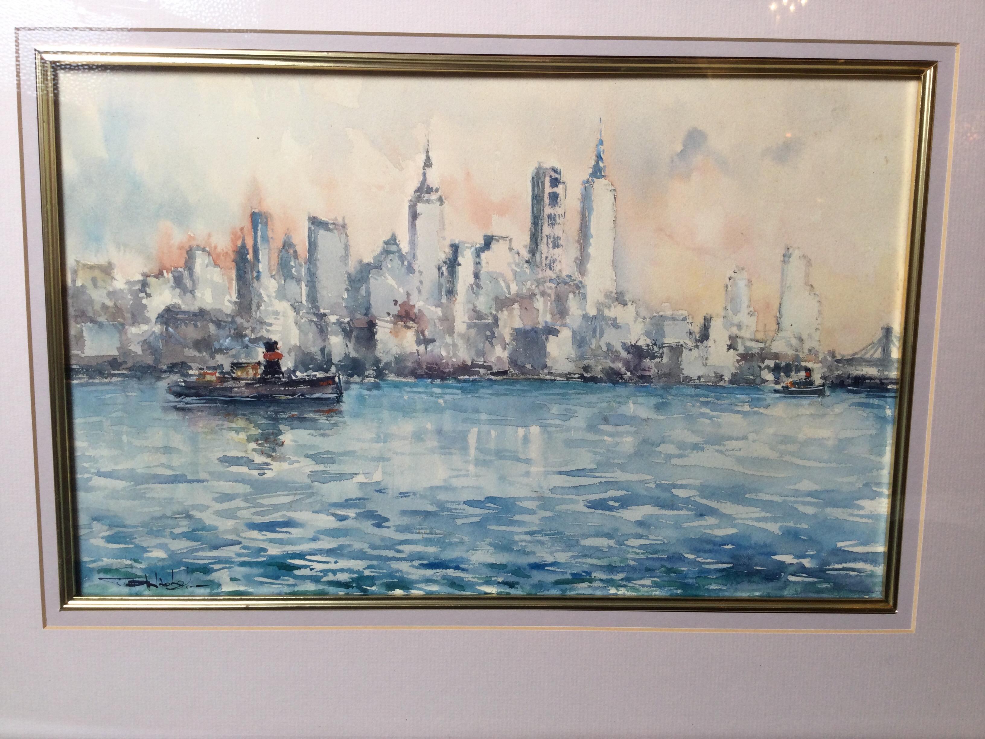 Mid-Century Original Watercolor of the New York City Skyline Signed Lower Right In Good Condition For Sale In Lambertville, NJ