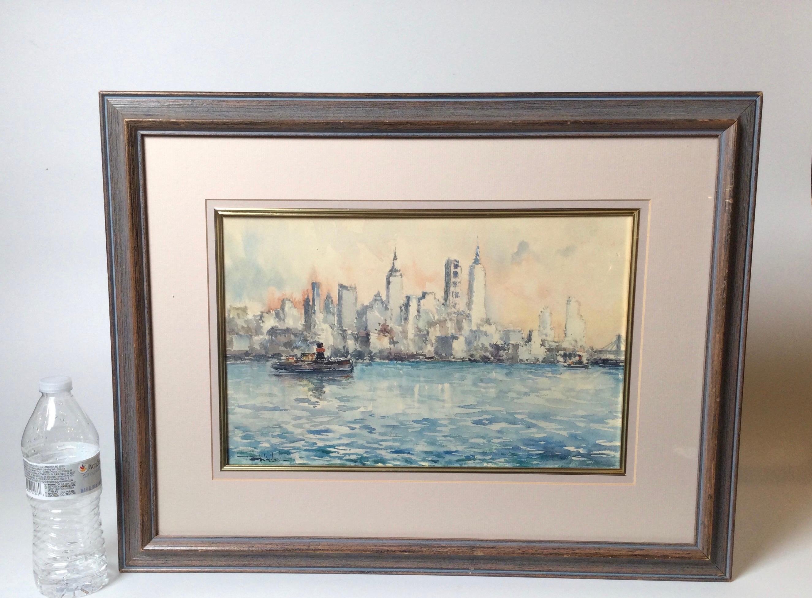 20th Century Mid-Century Original Watercolor of the New York City Skyline Signed Lower Right For Sale