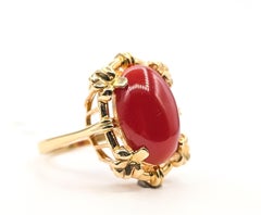Mid-Century Ornate Coral Cocktail Ring in 14k Yellow Gold