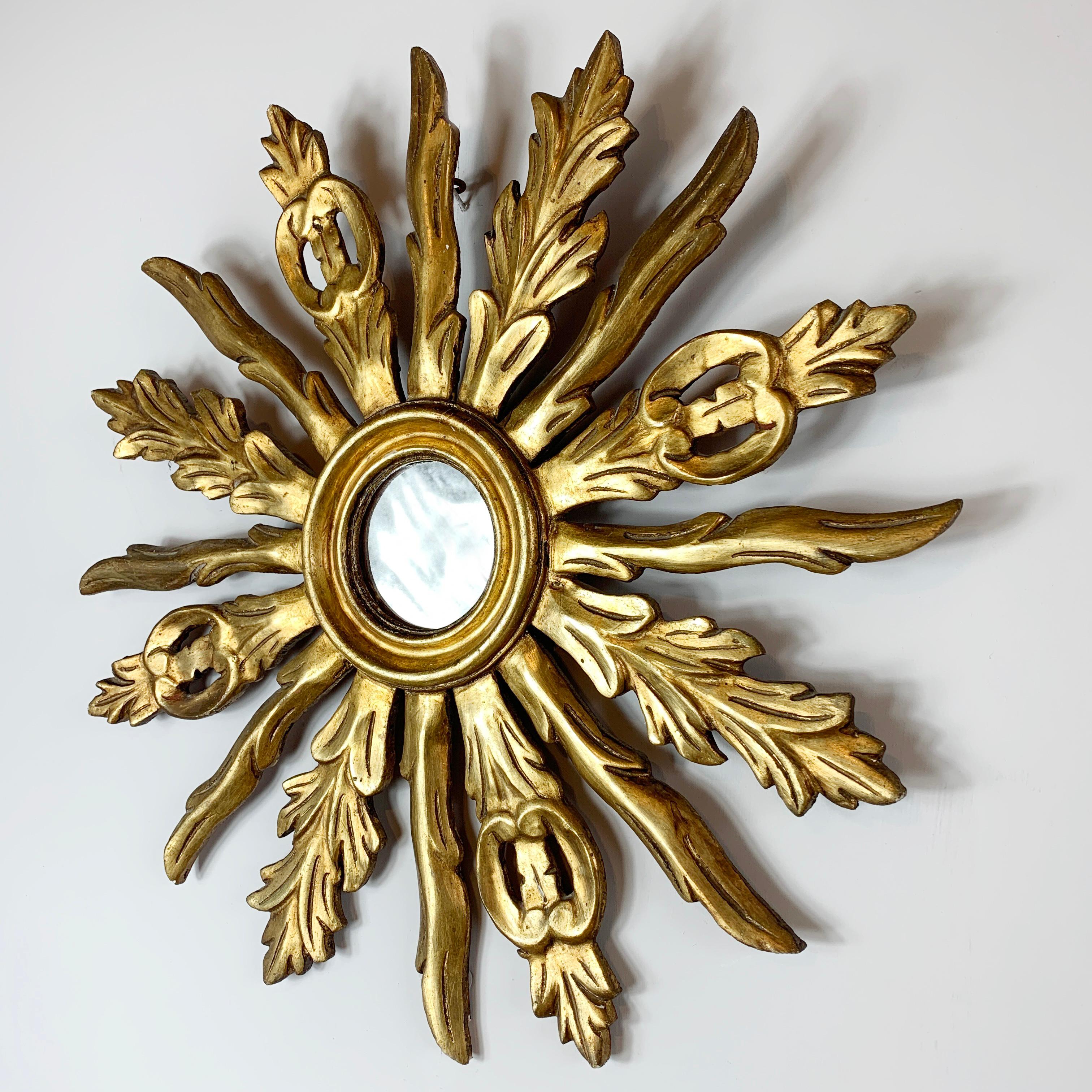 Carved Mid Century Ornate French Wooden Sunburst Mirror