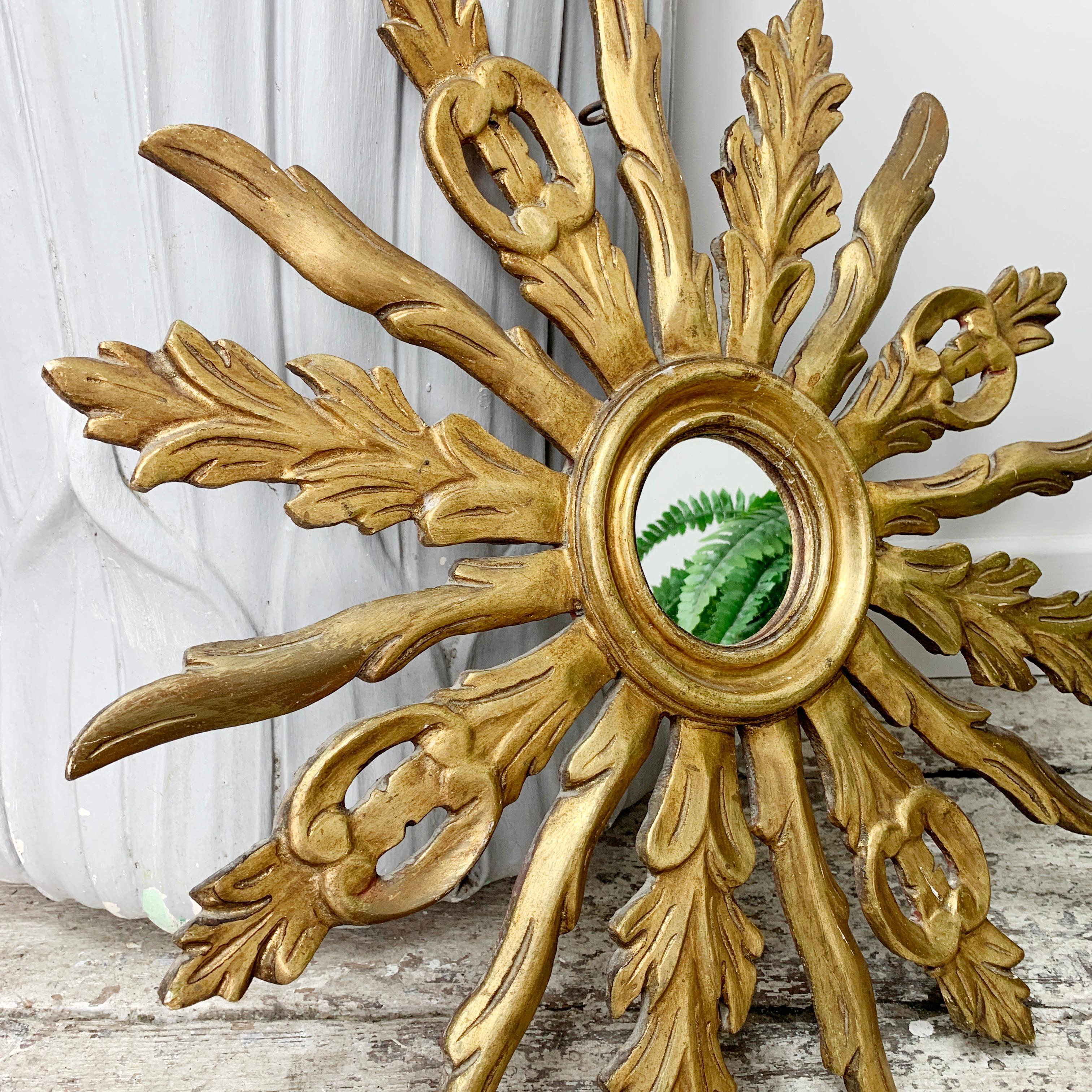 Mid Century Ornate French Wooden Sunburst Mirror In Good Condition In Hastings, GB