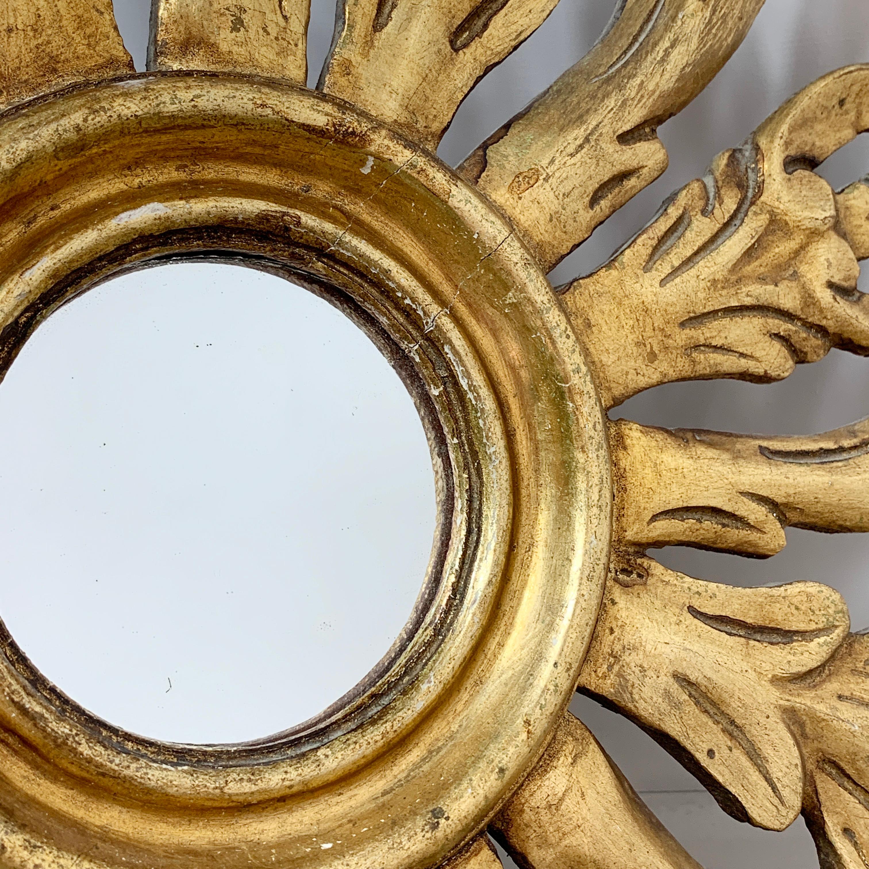 20th Century Mid Century Ornate French Wooden Sunburst Mirror