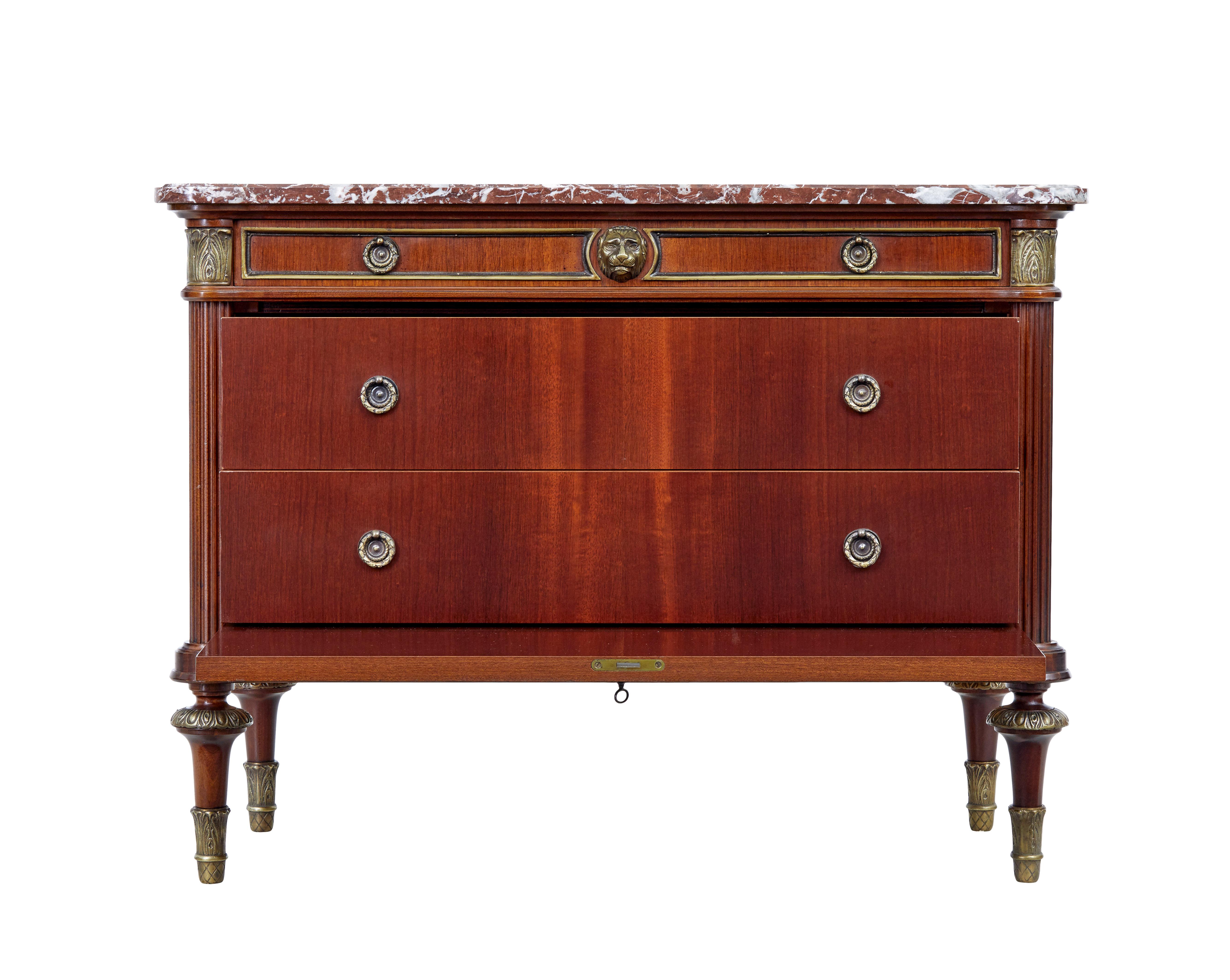 Cast Midcentury Ornate Mahogany Marble Top Chest of Drawers For Sale