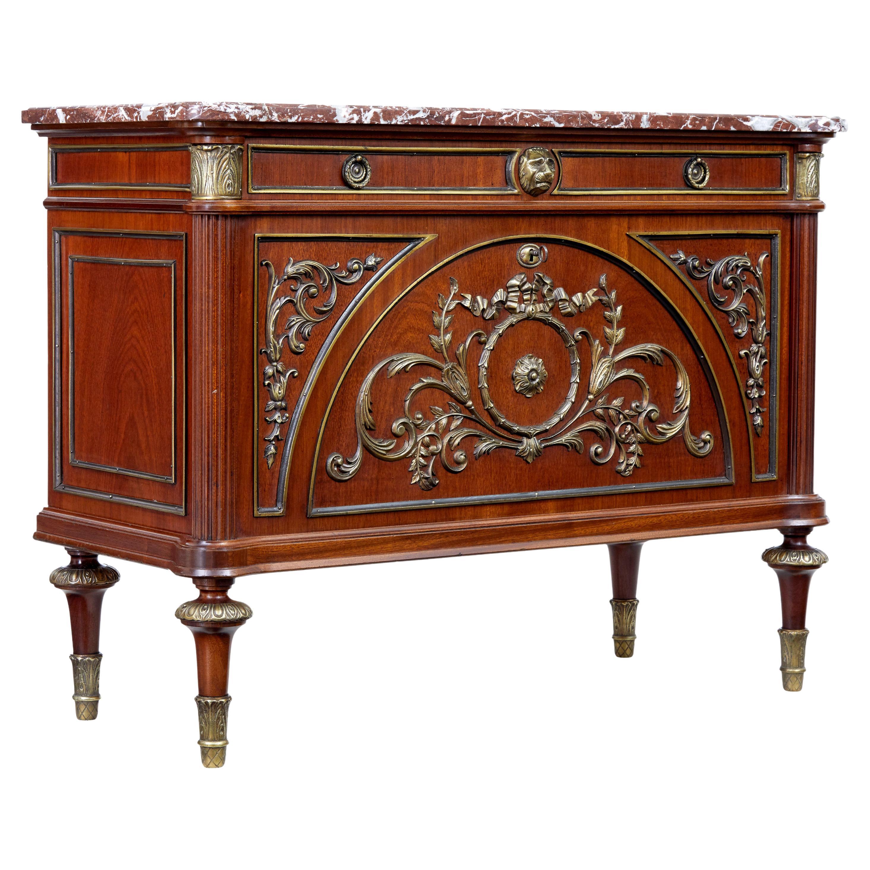 Midcentury Ornate Mahogany Marble Top Chest of Drawers For Sale
