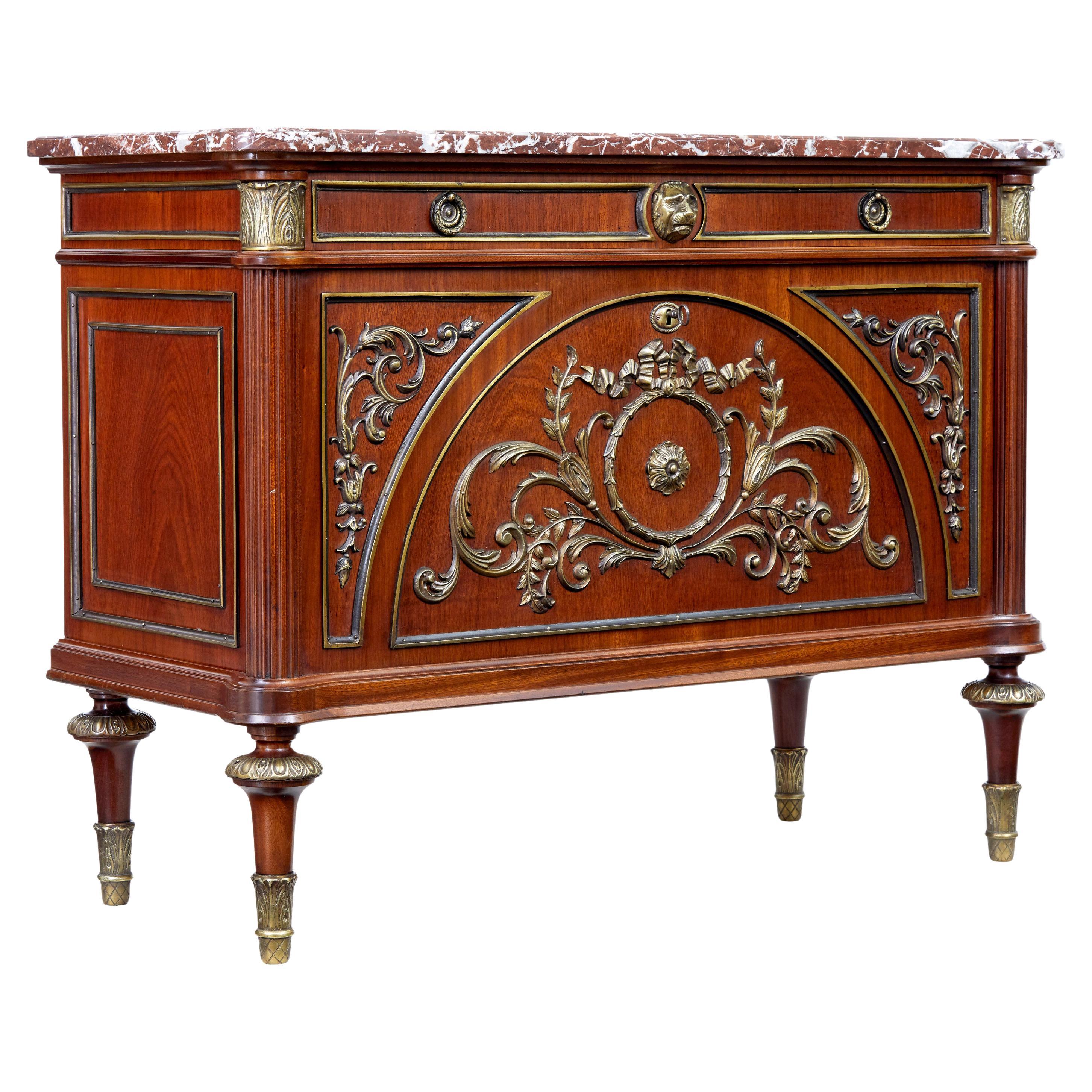 Mid century ornate mahogany marble top chest of drawers