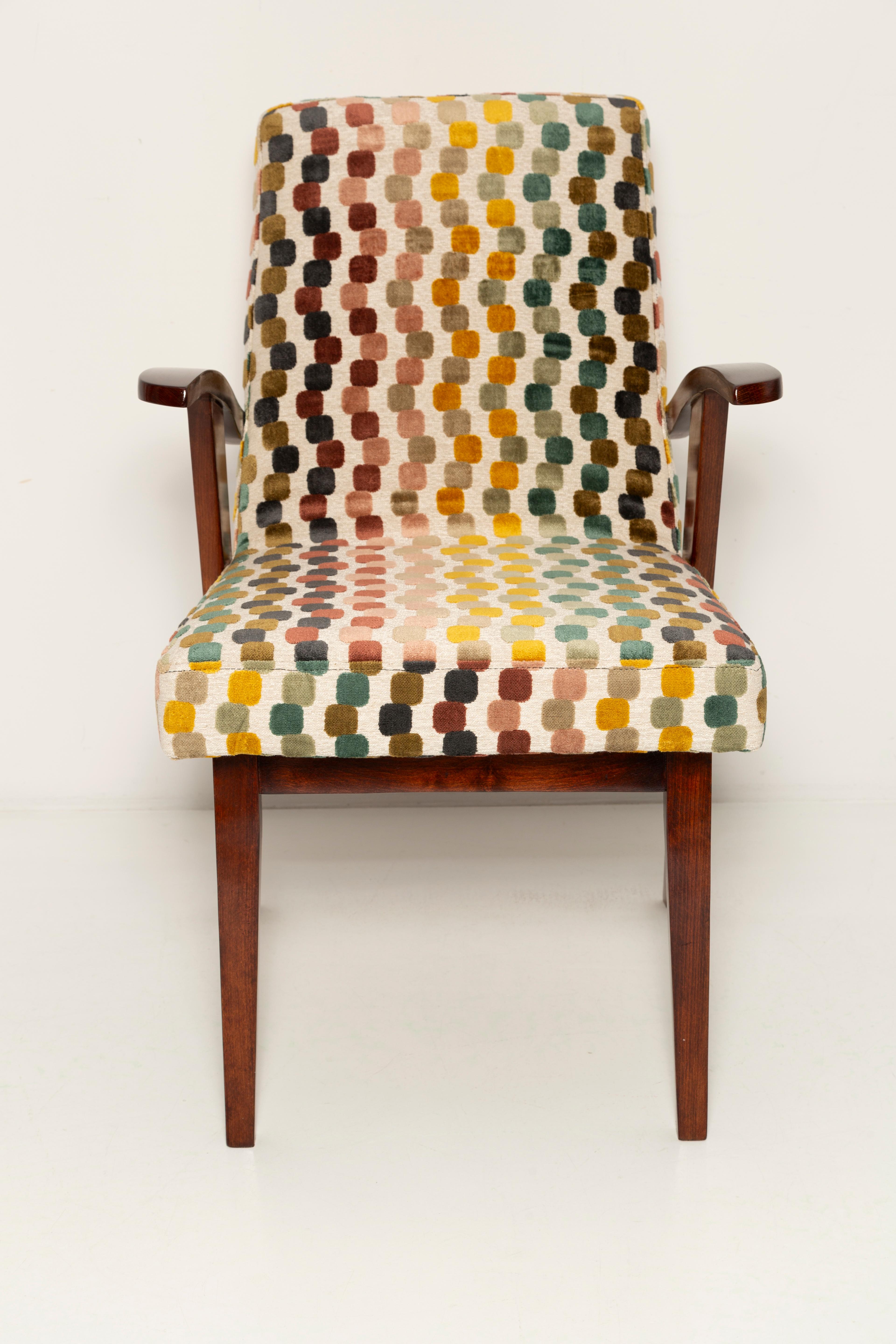 Polish Mid Century Orphisme Multicolored Velvet Armchair by M. Puchala, Europe, 1960s For Sale