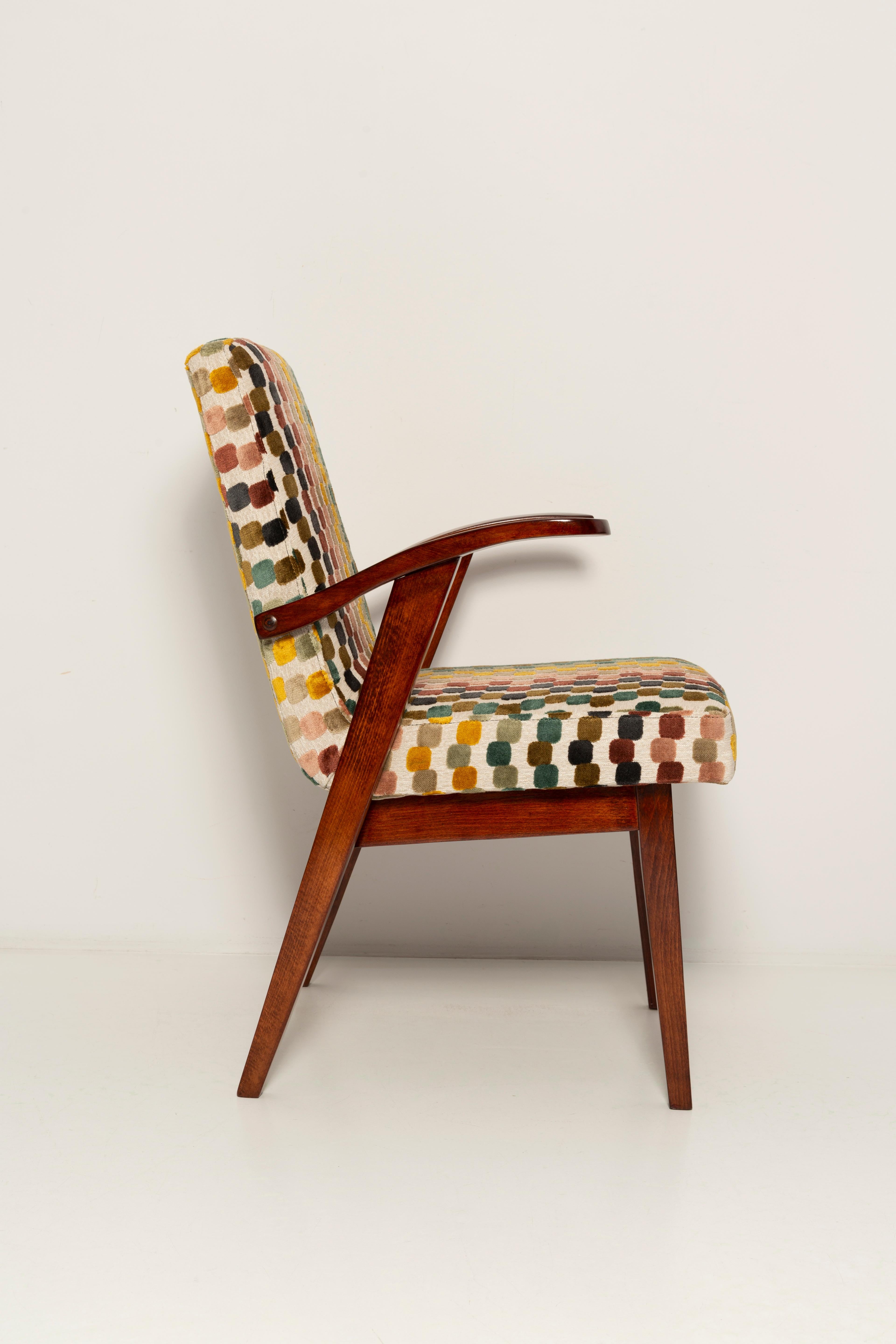 Hand-Crafted Mid Century Orphisme Multicolored Velvet Armchair by M. Puchala, Europe, 1960s For Sale