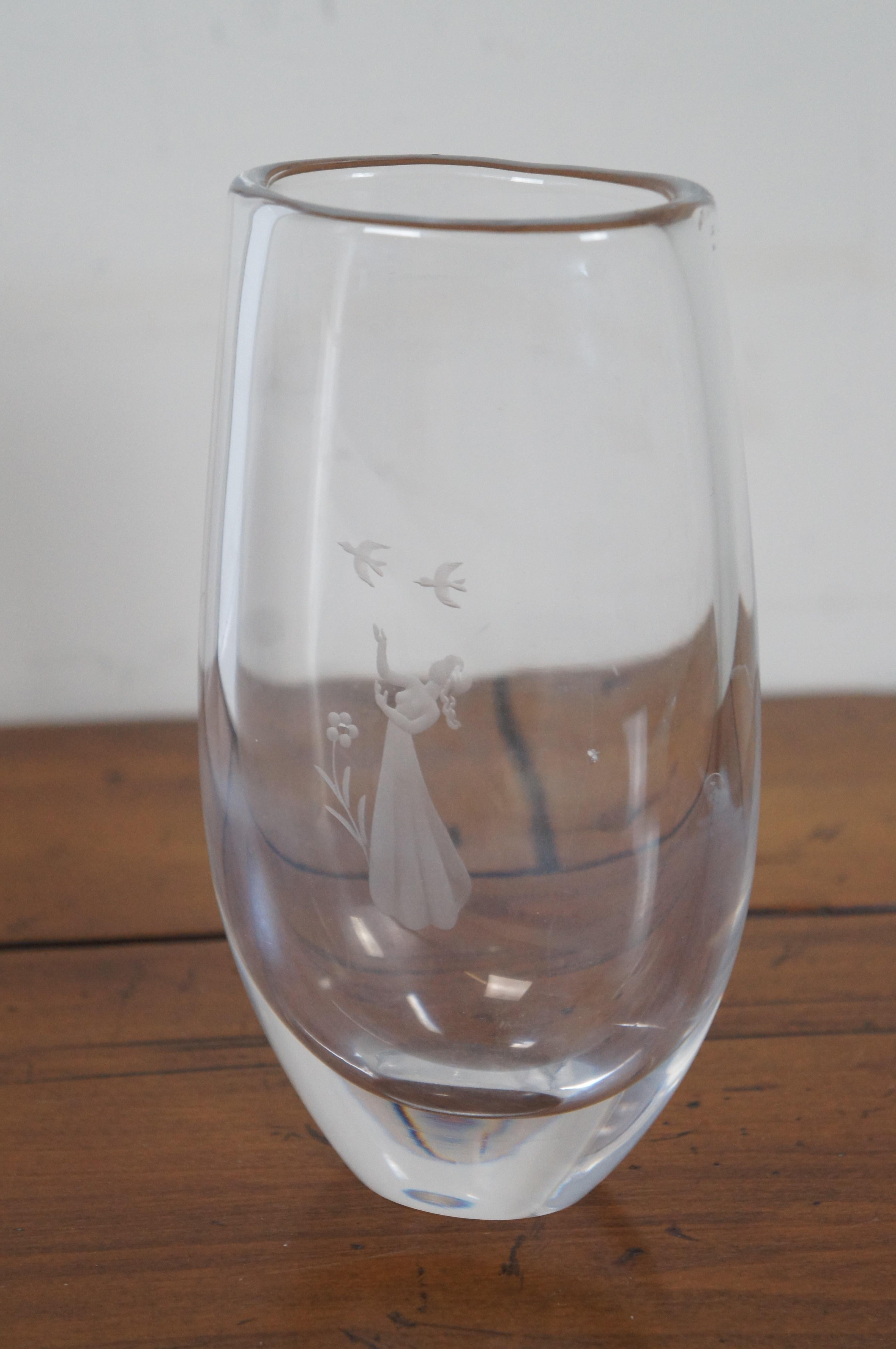 Mid-Century Orrefors Sweden Etched Crystal Glass Vase Girl with Birds Flowers 5