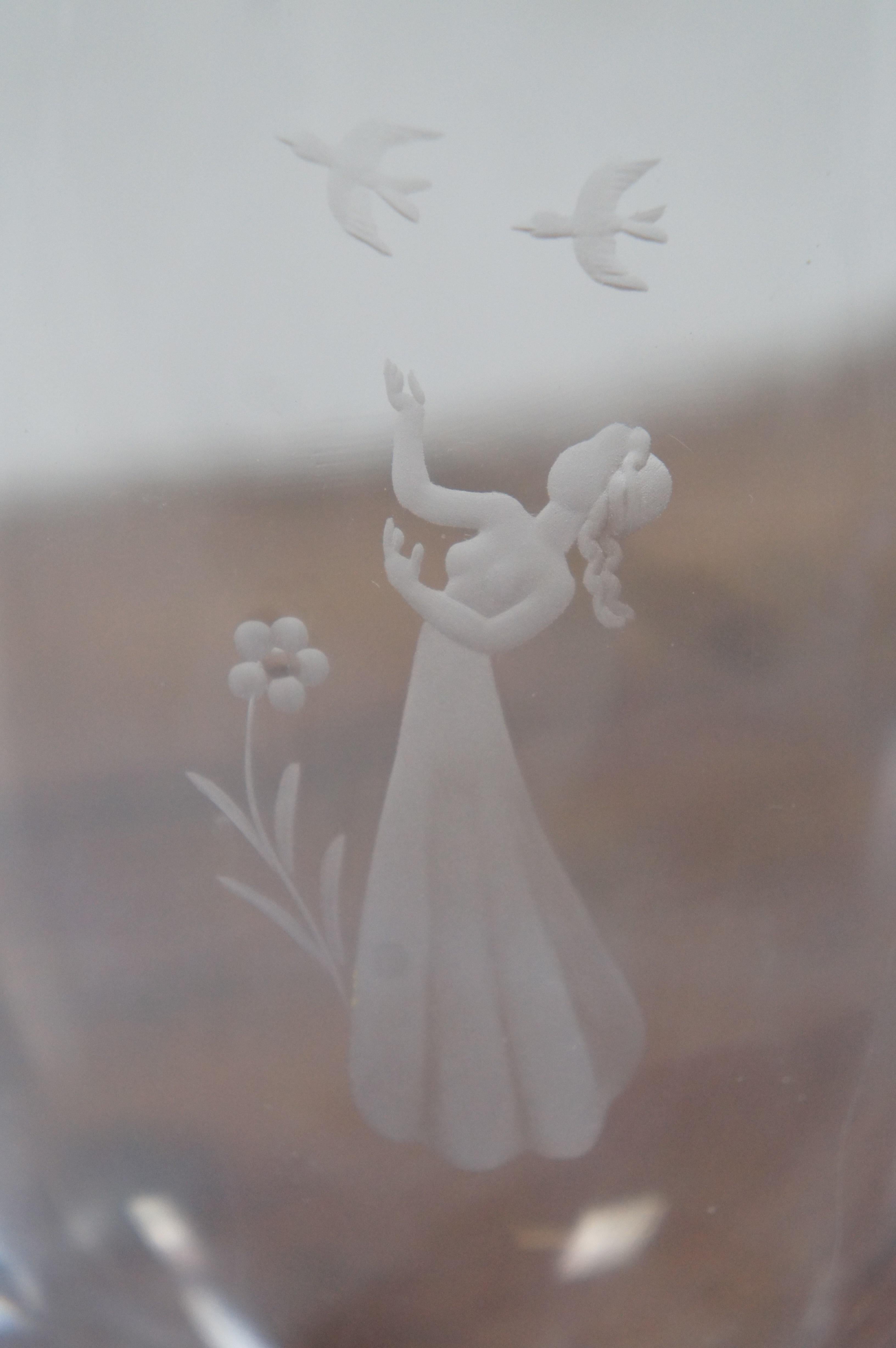 Mid-Century Orrefors Sweden Etched Crystal Glass Vase Girl with Birds Flowers 1