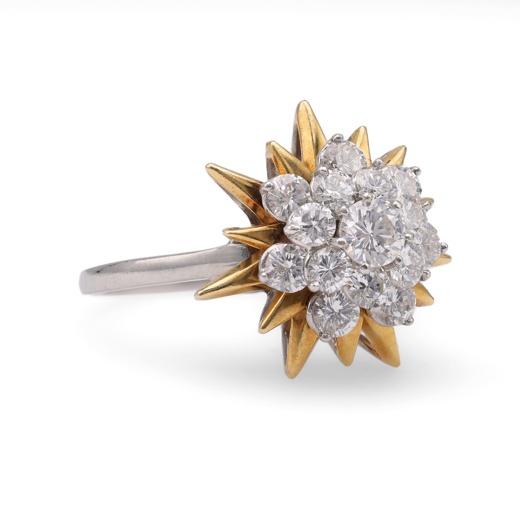 Mid-Century Oscar Heyman and Bros. Diamond Plat. 18k Yellow Gold Starburst Ring In Good Condition For Sale In Beverly Hills, CA