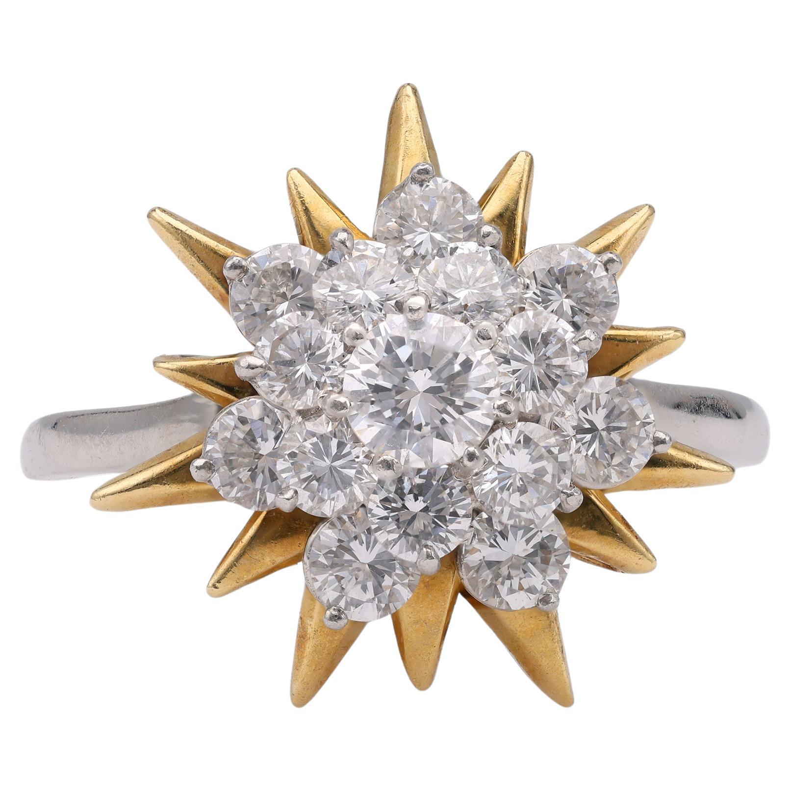 Mid-Century Oscar Heyman and Bros. Diamond Plat. 18k Yellow Gold Starburst Ring For Sale