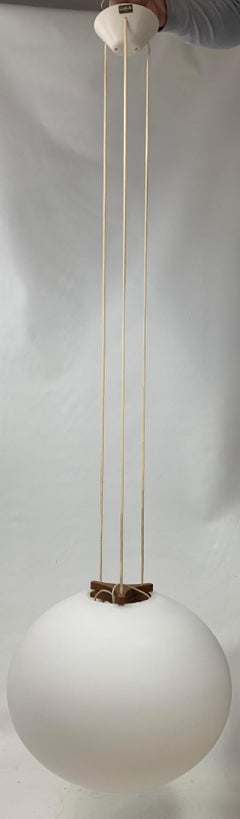 Midcentury Östen Kristiansson Large Wooden and Opaline Glass Pendant Light
