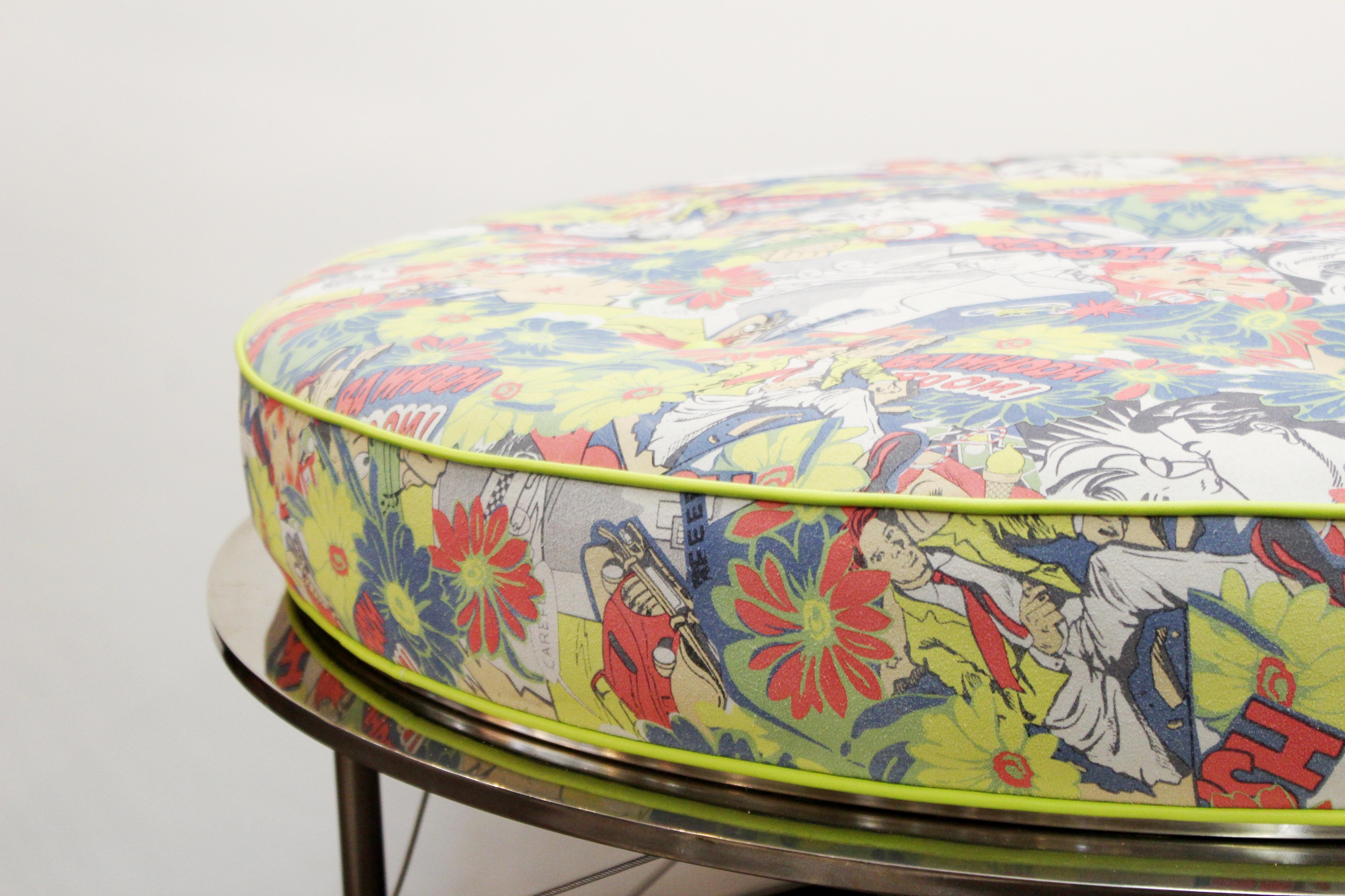 Modern Midcentury Ottoman with Chrome Frame and Pop-Art Style Upholstery