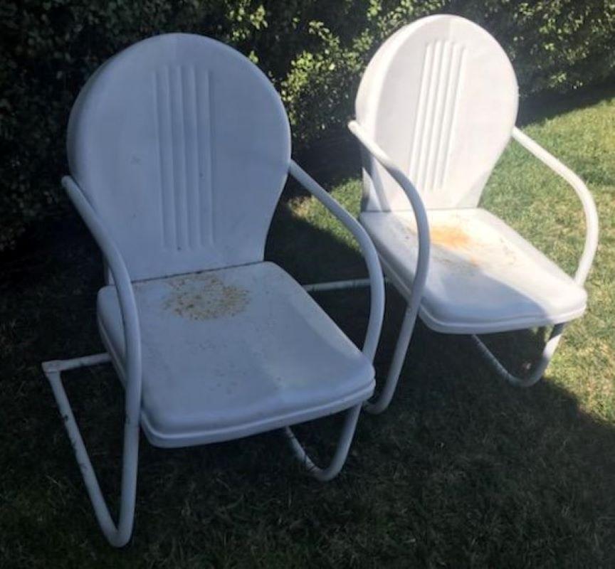 Adirondack Midcentury Out Door Chairs in Old White Paint, Pair For Sale
