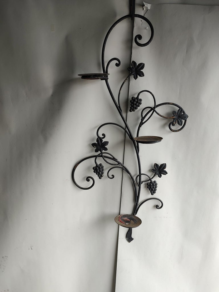 Midcentury Outdoor Iron Plant Candle or Vase Holder Grape and Leaf