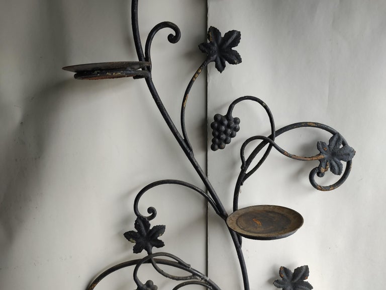 Midcentury Outdoor Iron Plant Candle or Vase Holder Grape and Leaf