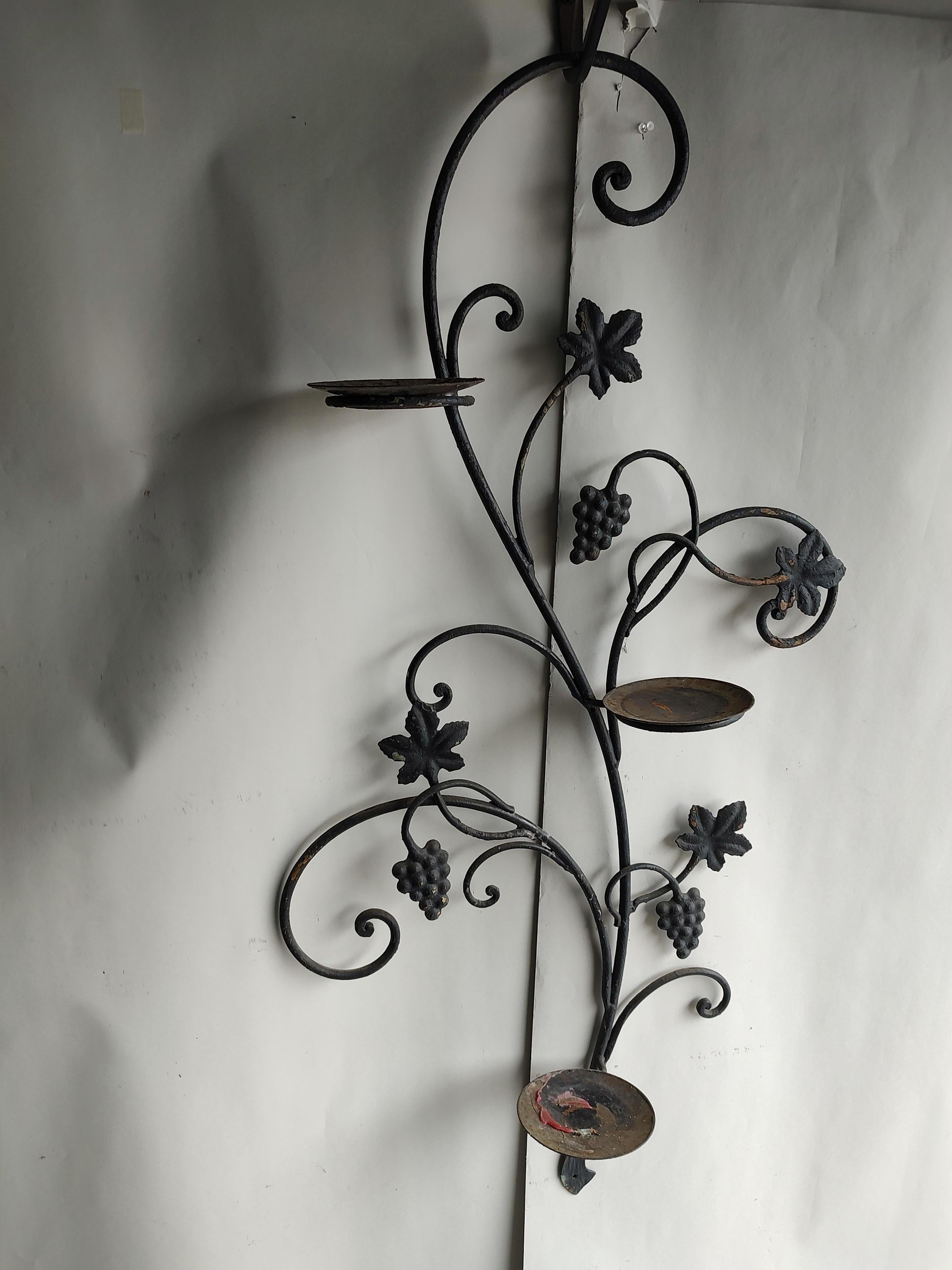 Midcentury Outdoor Iron Plant Candle or Vase Holder Grape & Leaf Design C1955 1
