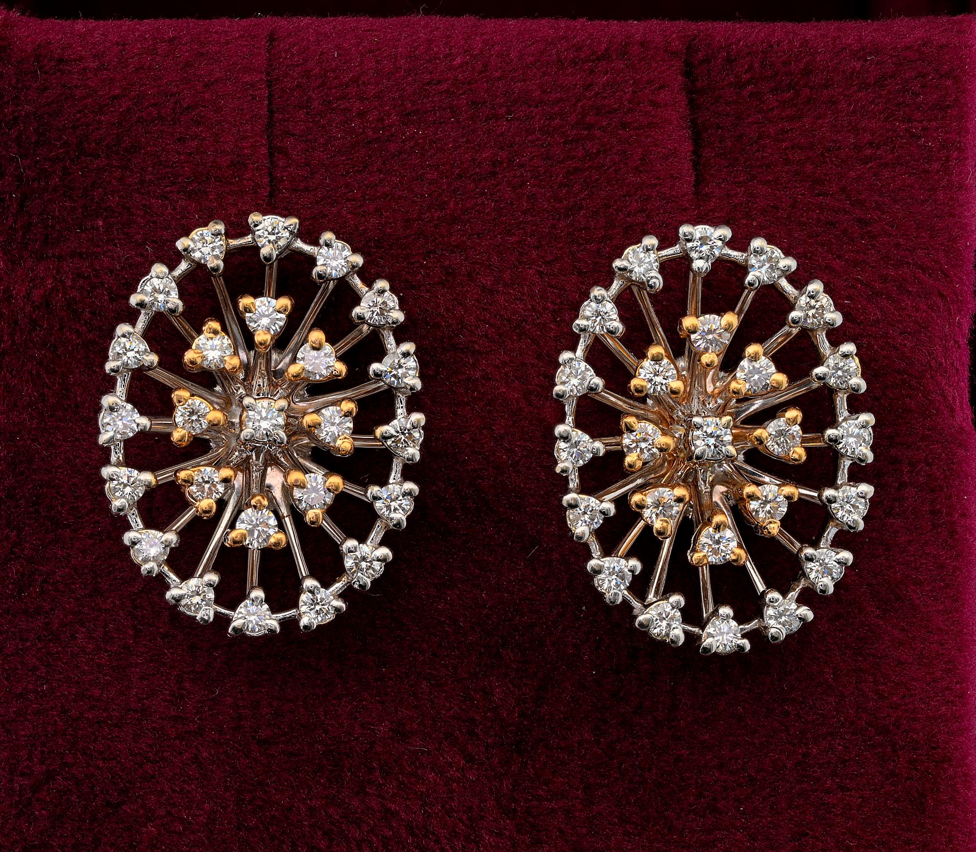This exquisite pair of vintage Diamond earrings are the perfect burst of Diamonds for every day wear.
Hand crafted of 18 KT white and Rose gold during 60’s, classy in design will never go out of fashion, so comfortable when on and easy wear.
Made