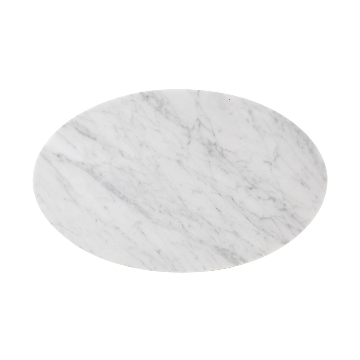 With a canted edge oval Carrara marble top on a modern brass finish tapered support with a horseshoe form base.

Dimensions: 16