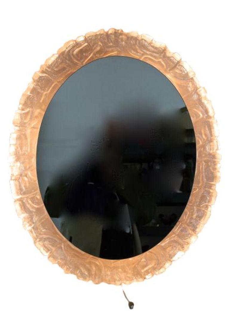 Mid Century Oval Acrylic Wall Mirror, Illuminated, Austria ca. 1970 For Sale