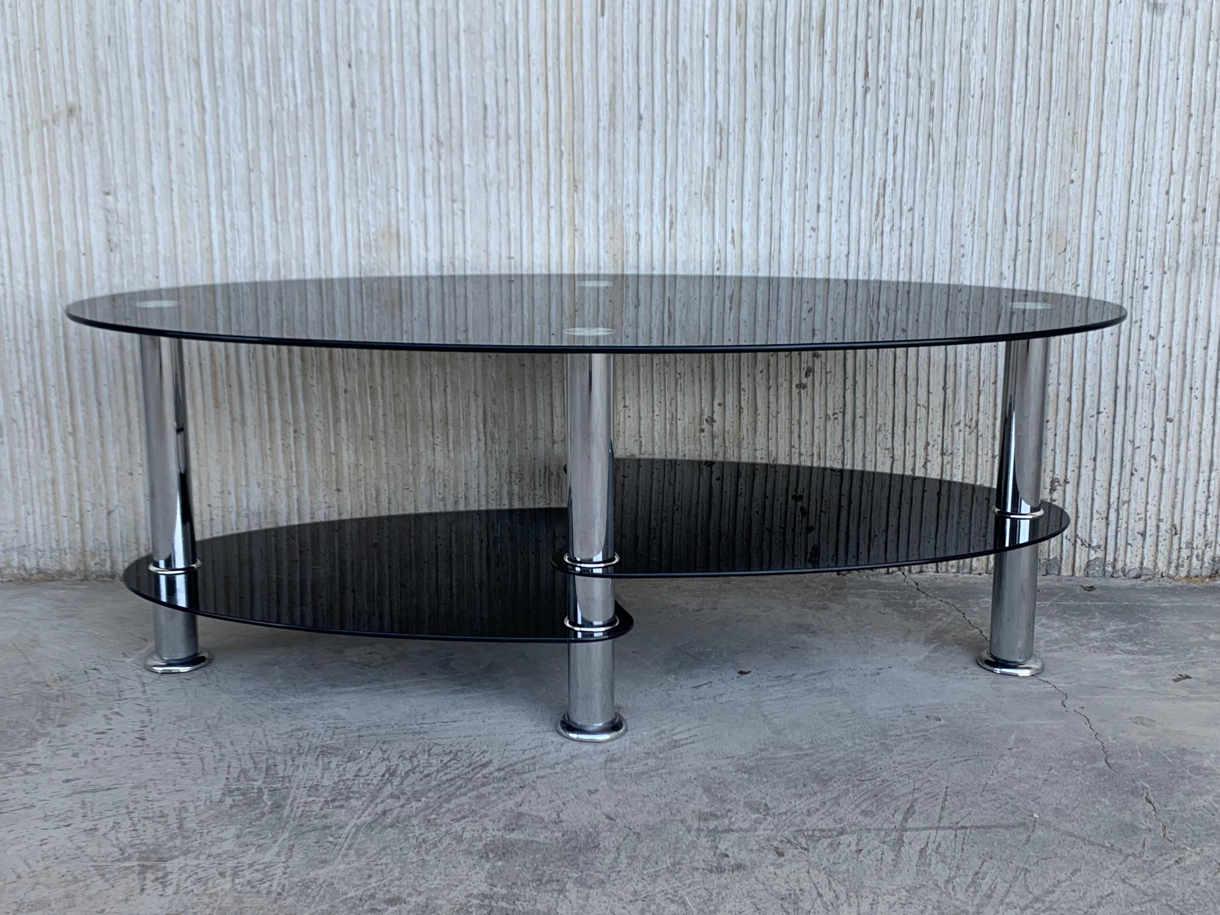 Italian Midcentury Oval Art Deco Center Table in Black Glass Tops and Chrome For Sale