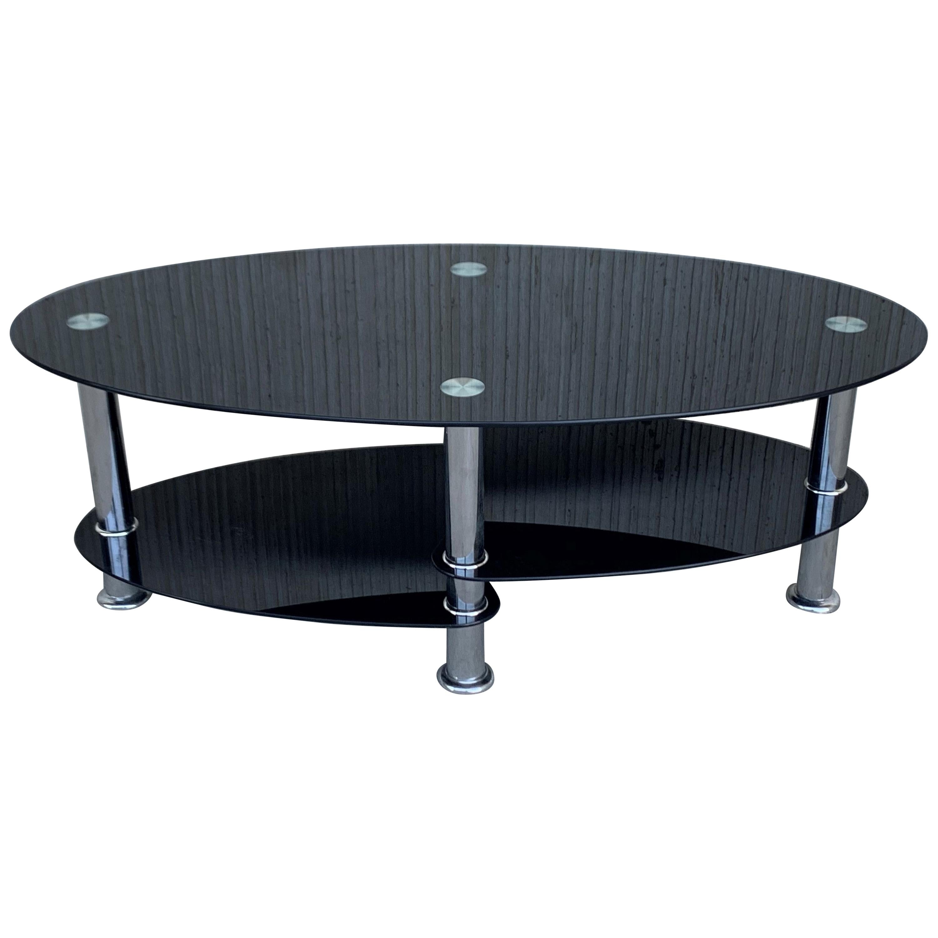 Midcentury Oval Art Deco Center Table in Black Glass Tops and Chrome For Sale