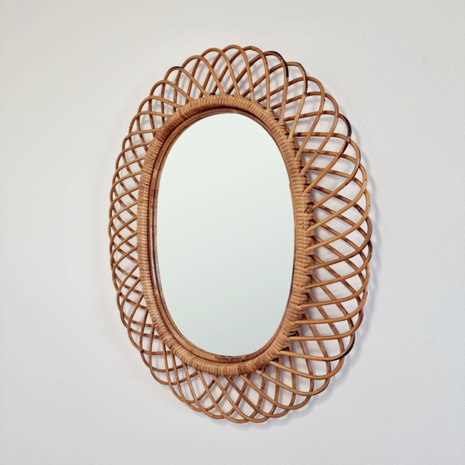 Mid Century Oval Bamboo Mirror Italy 60s In Excellent Condition In Lucija, SI