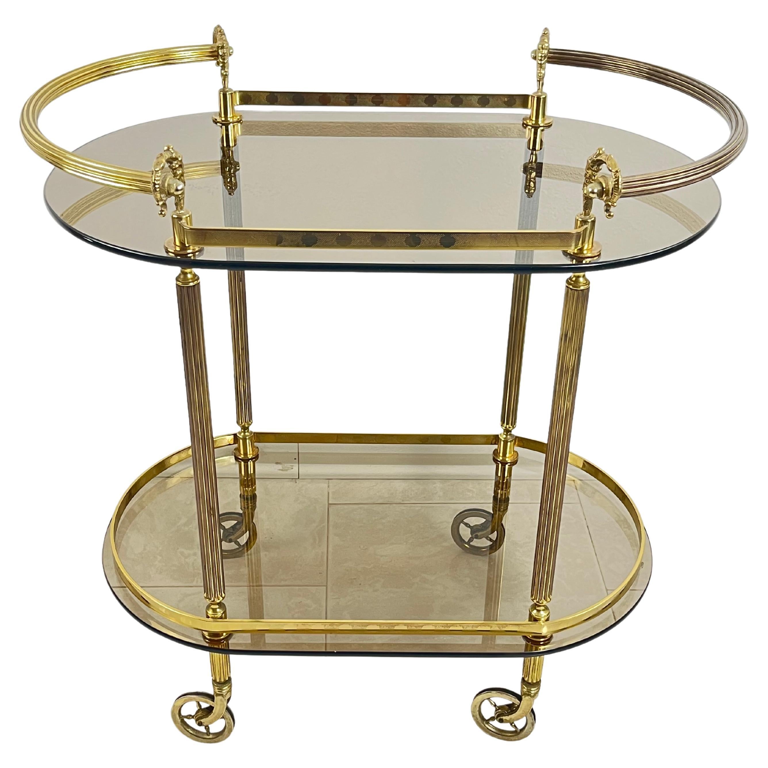 Mid-Century Oval Bar Cart in Brass And Smoked Glass 1950s Italian Design