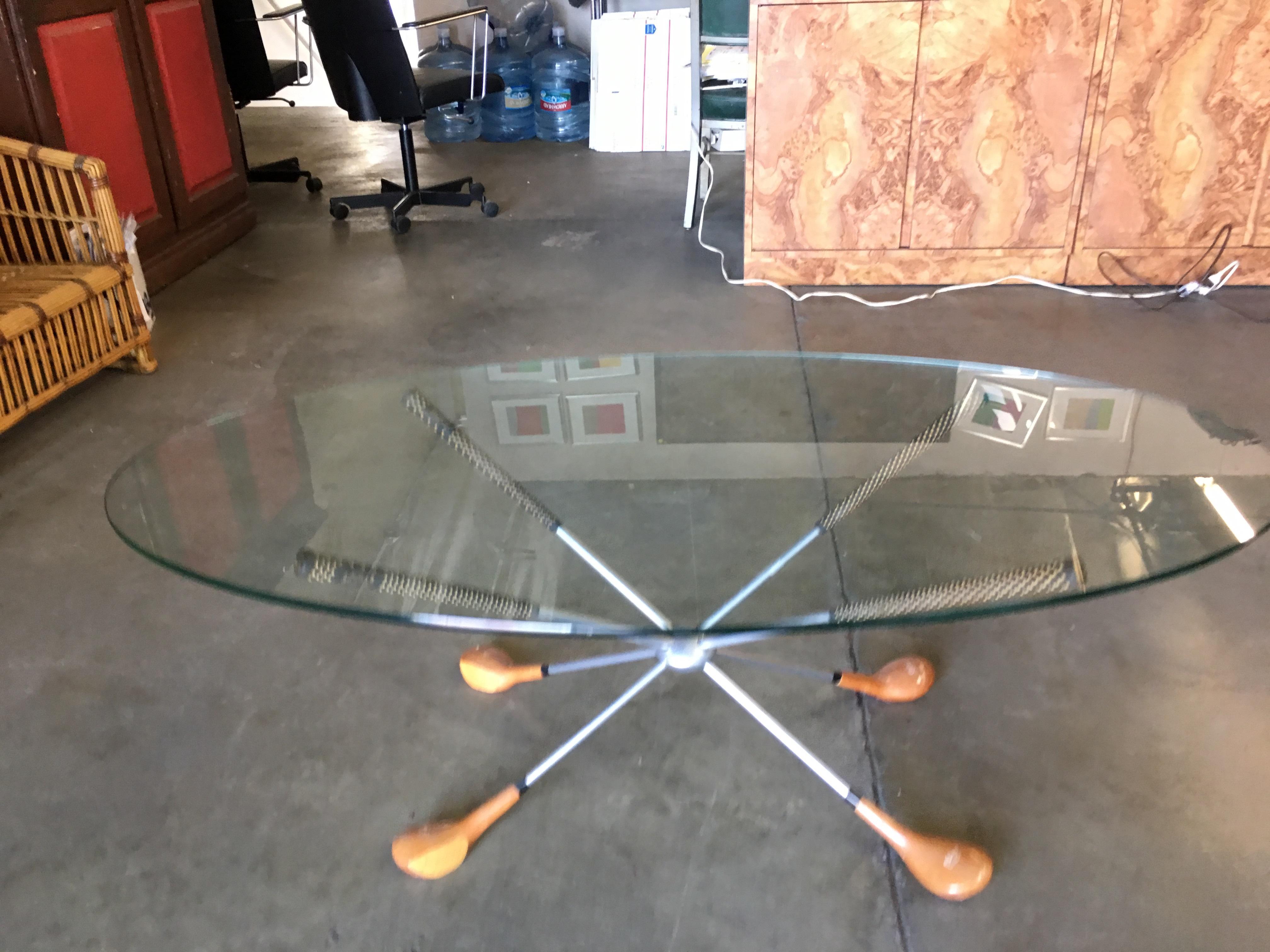 Midcentury Oval Glass Golf Club Coffee Table In Excellent Condition In Van Nuys, CA