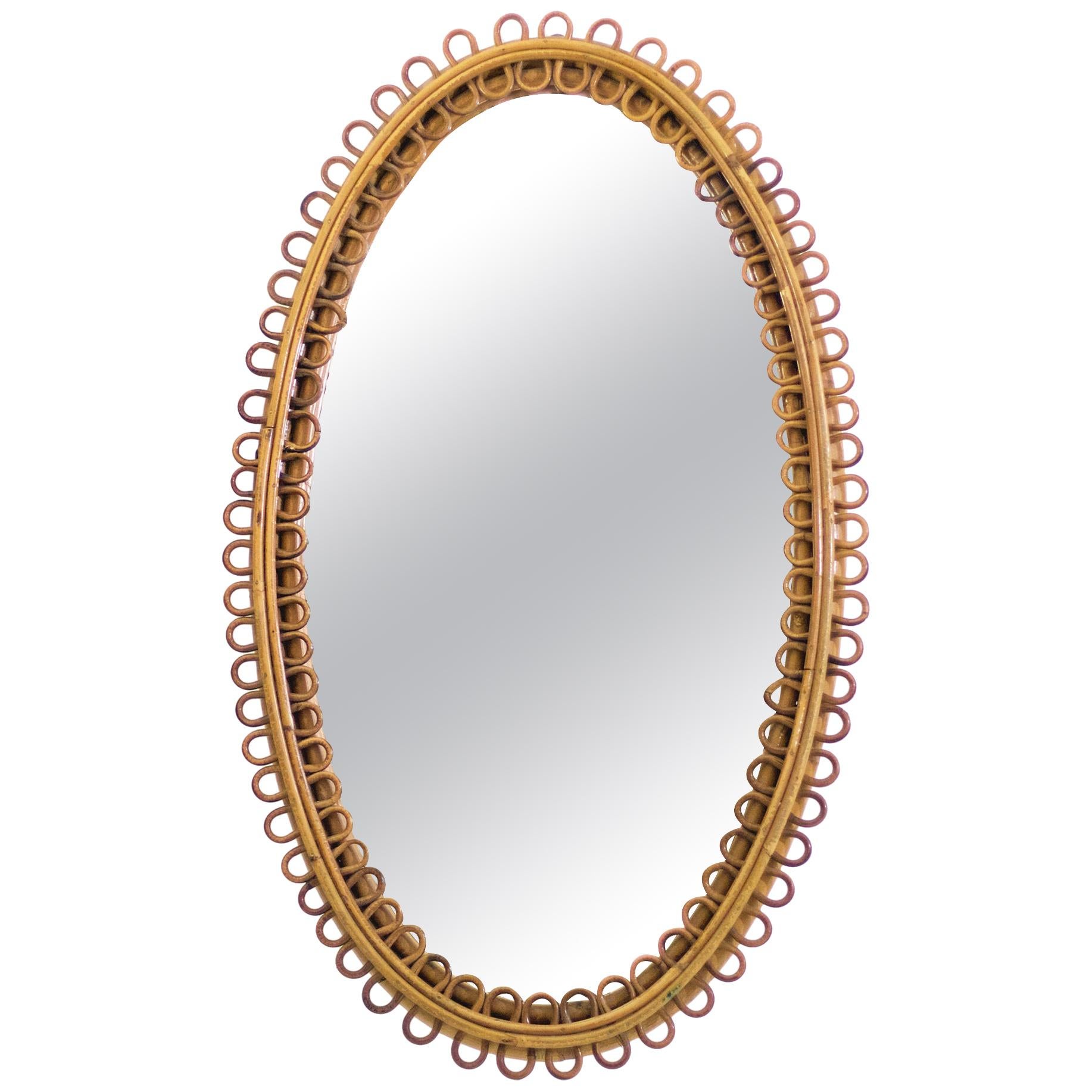 Midcentury Oval Italian Rattan Mirror