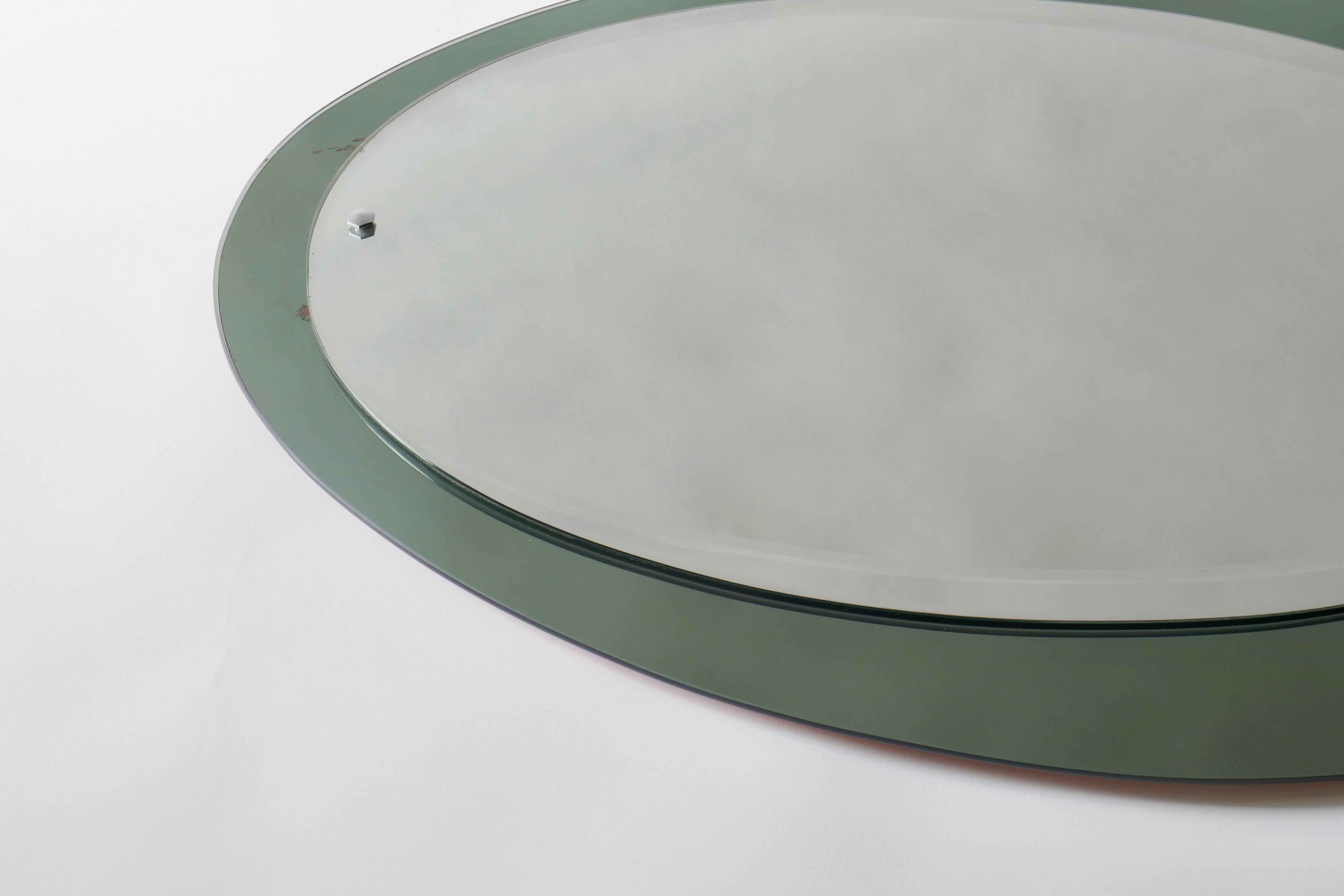 Mid-Century Oval Mirror with a Green Smoked Mirrored Frame, Italy In Good Condition For Sale In London, GB