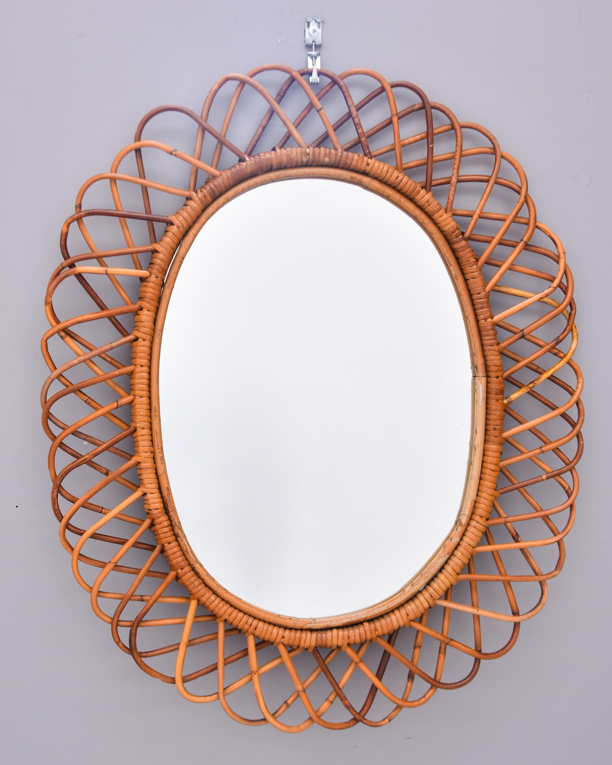 Italian Midcentury Oval Mirror with Woven Rattan or Wicker Frame