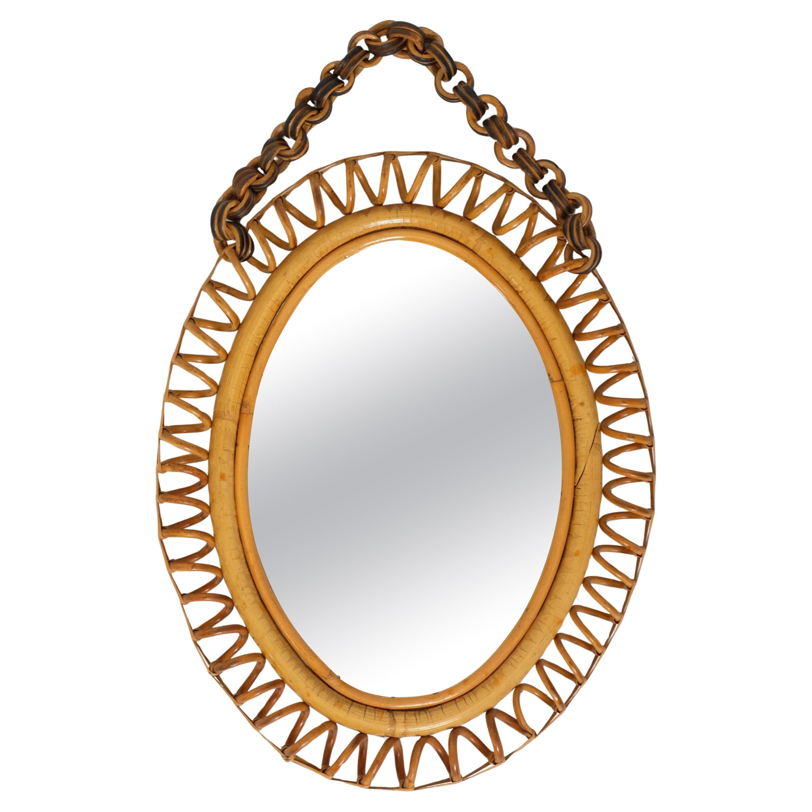 Mid-Century Oval Rattan and Bamboo Wall Mirror Franco Albini Style, Italy 1960s