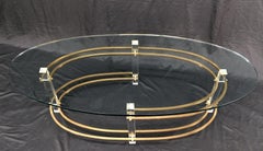 Mid-Century Oval Thick Glass Top Lucite Brass Base Coffee Table