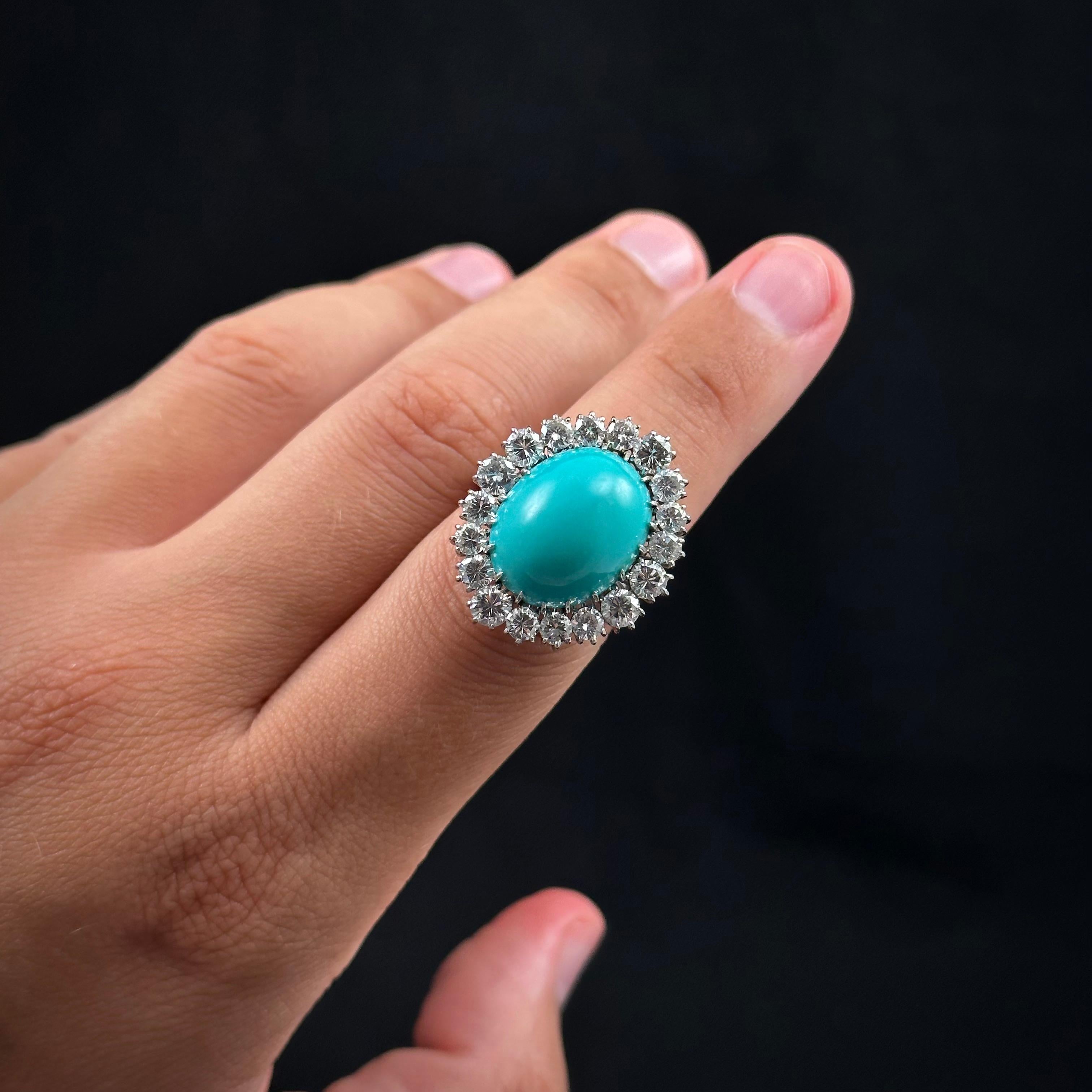 Modern Midcentury Oval Turquoise Round Brilliant Cut Diamond Cluster Ring Platinum For Sale