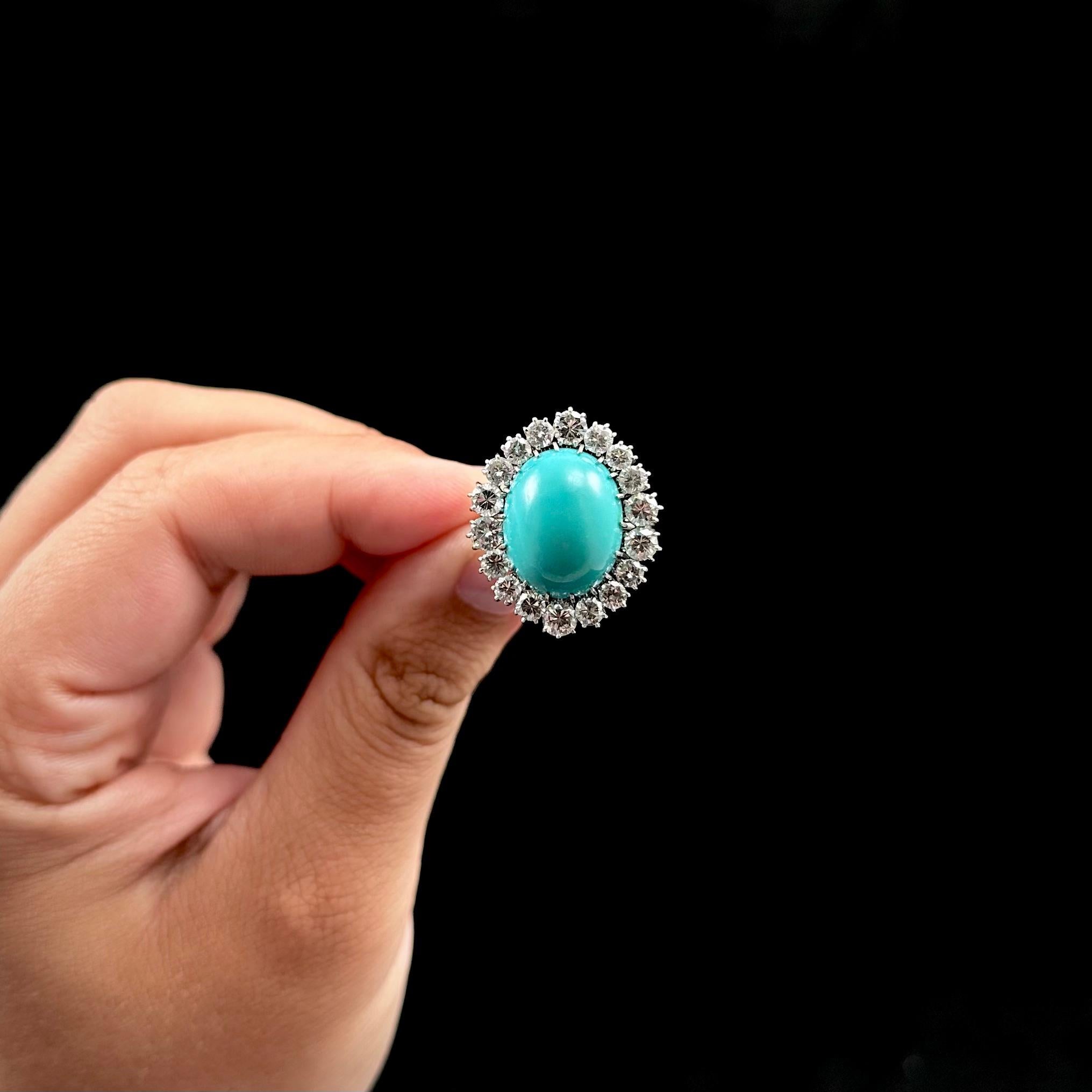 Oval Cut Midcentury Oval Turquoise Round Brilliant Cut Diamond Cluster Ring Platinum For Sale