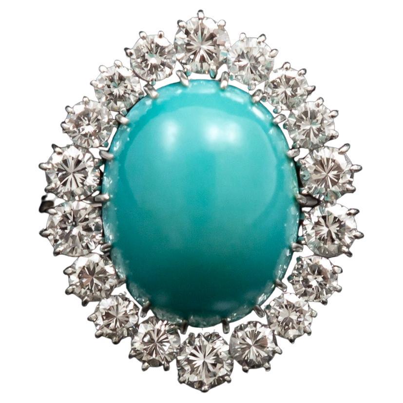 Midcentury Oval Turquoise Round Brilliant Cut Diamond Cluster Ring Platinum For Sale