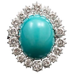 Retro Midcentury Oval Turquoise Round Brilliant Cut Diamond Cluster Ring Platinum