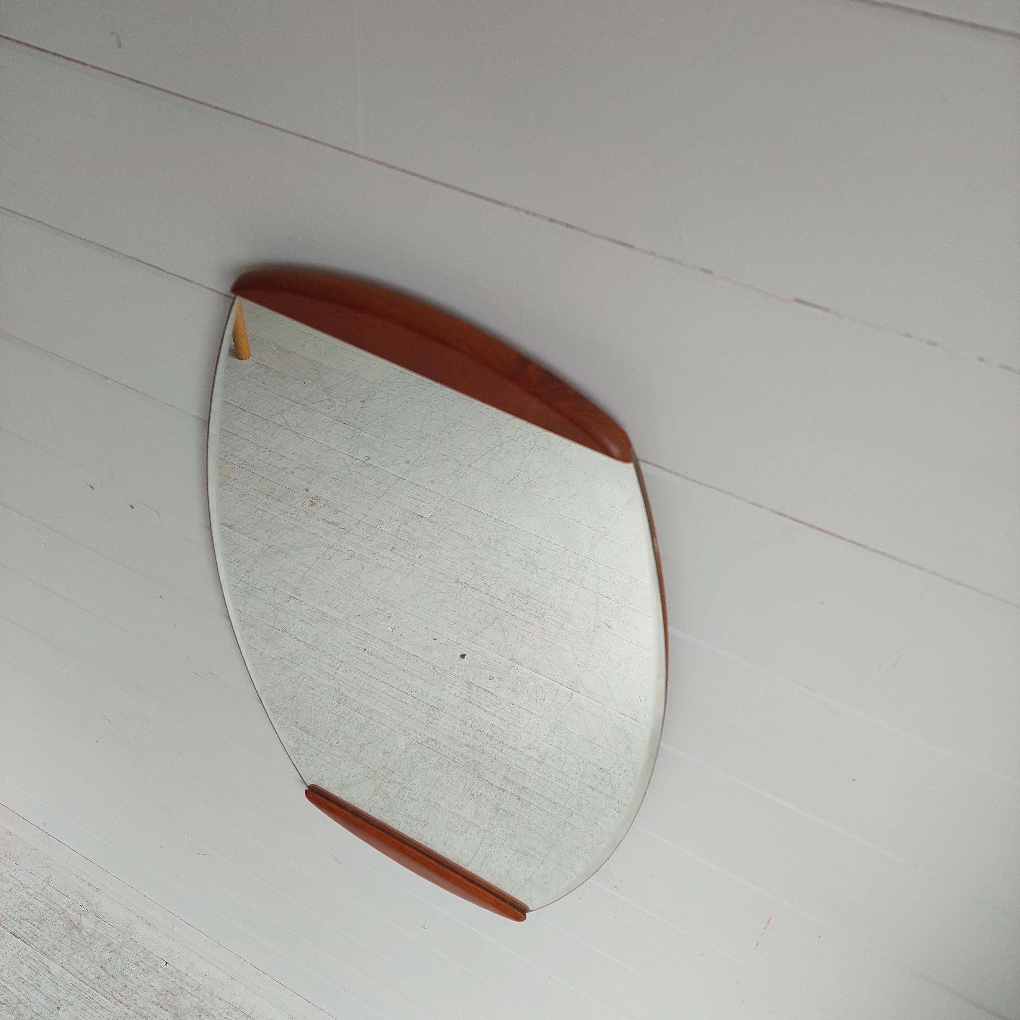 20th Century Mid Century Oval wall Mirror Beveled in Teak landscape portrait, 1960s For Sale
