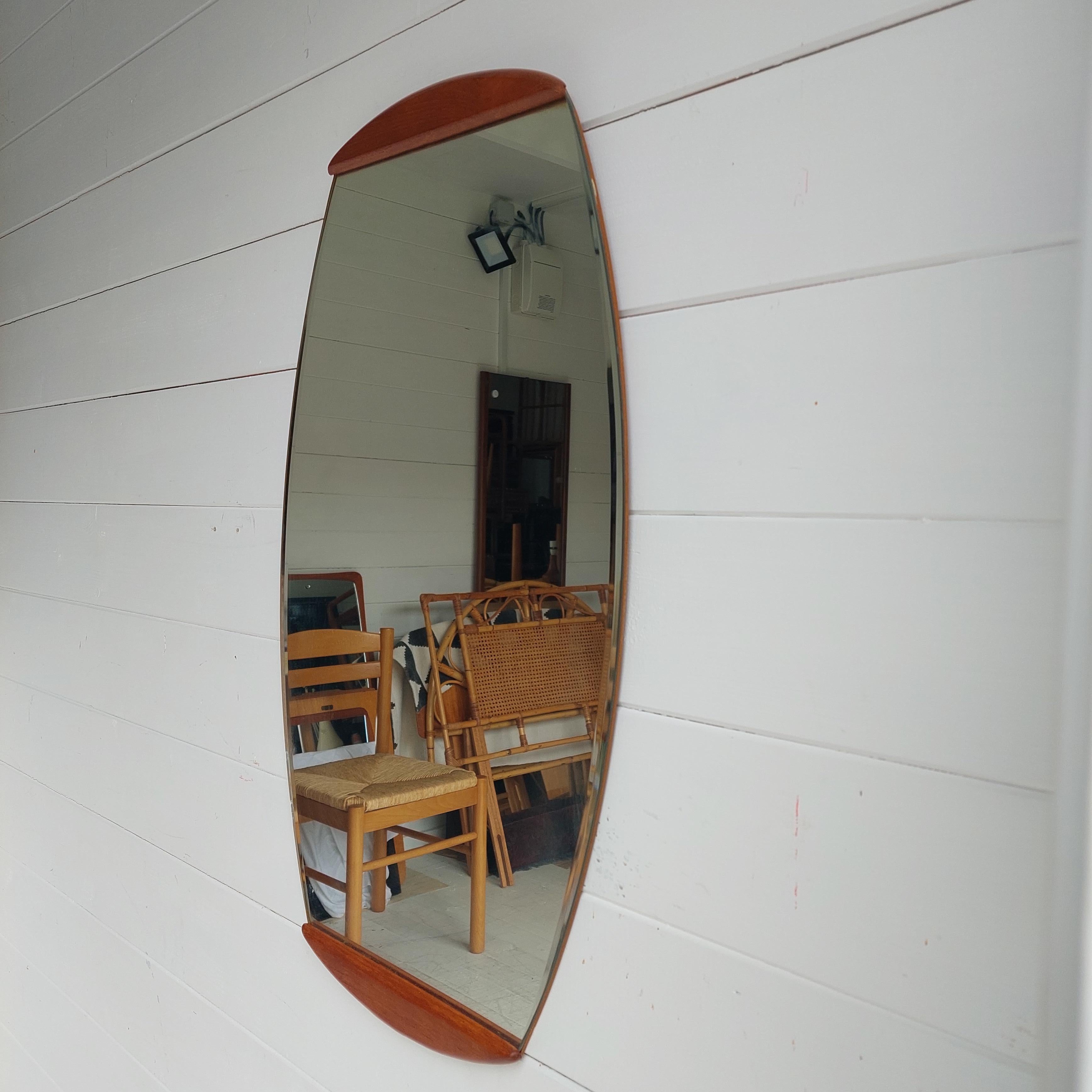 Mid Century Oval wall Mirror Beveled in Teak landscape portrait, 1960s For Sale 1