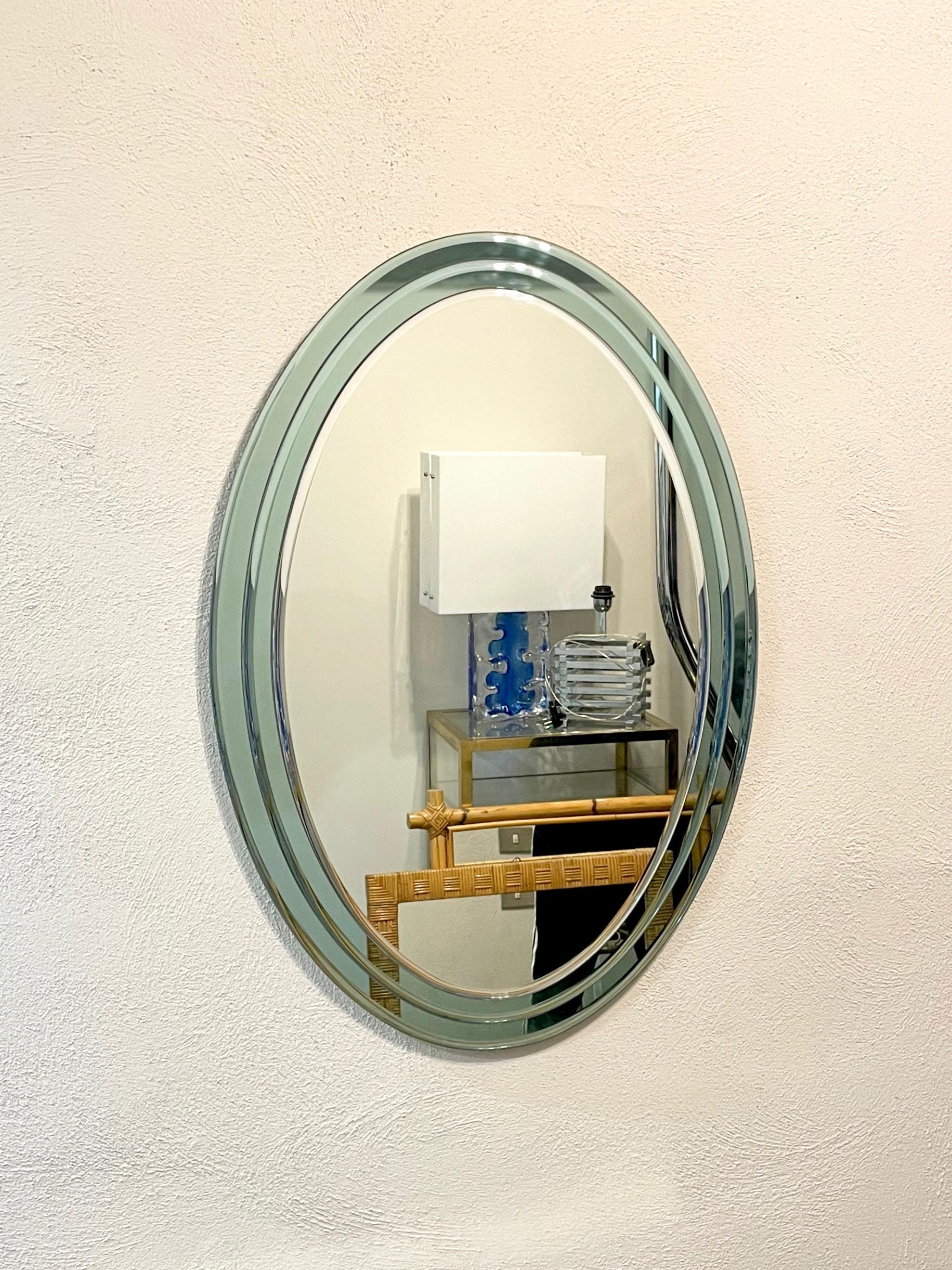 Mid-Century Oval Wall Mirror Three Level Fontana Arte style, Italy 1970s For Sale 2