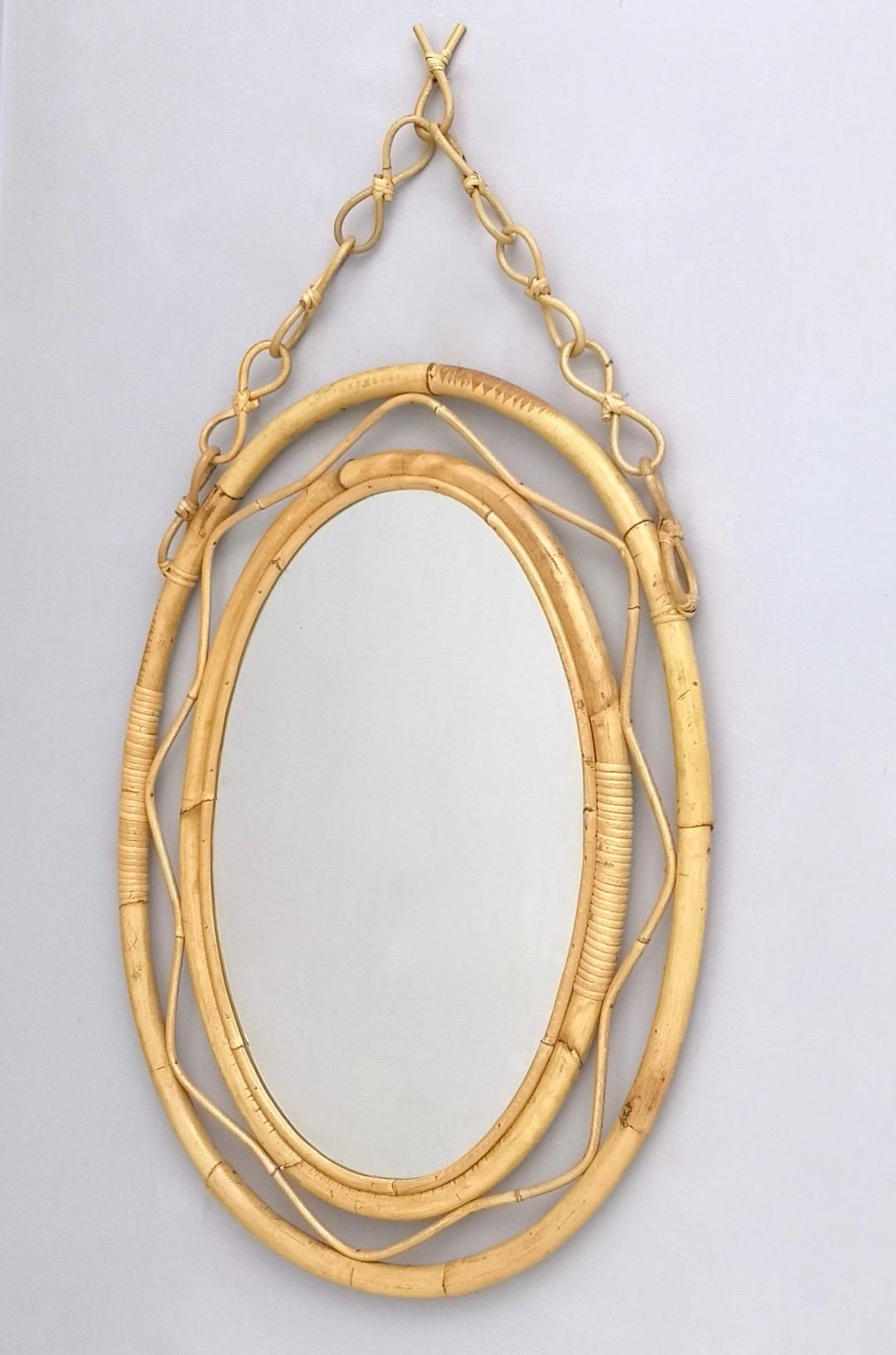 Mid-Century Modern Midcentury Oval Wall Mirror with a Bamboo Frame and Hanger, Italy