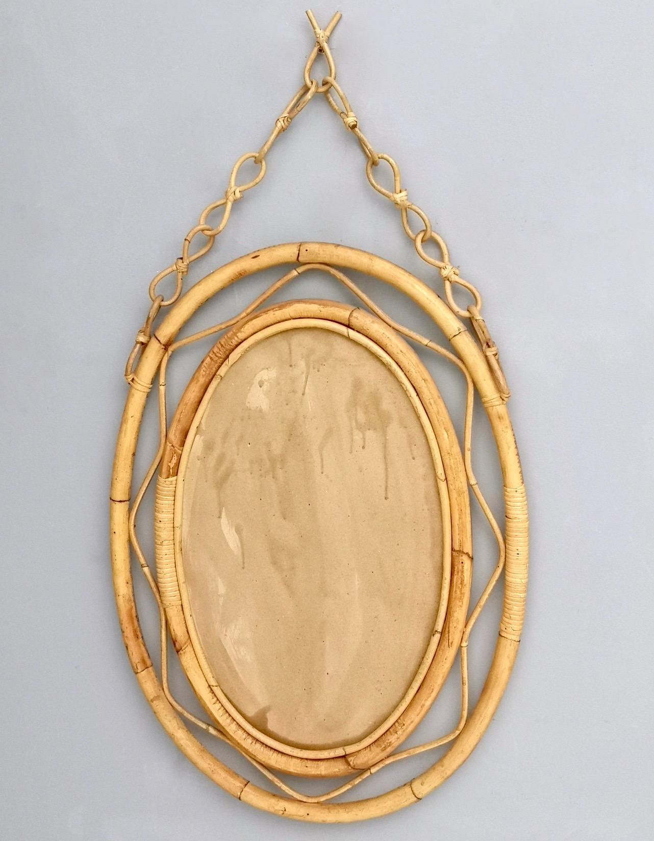 Italian Midcentury Oval Wall Mirror with a Bamboo Frame and Hanger, Italy
