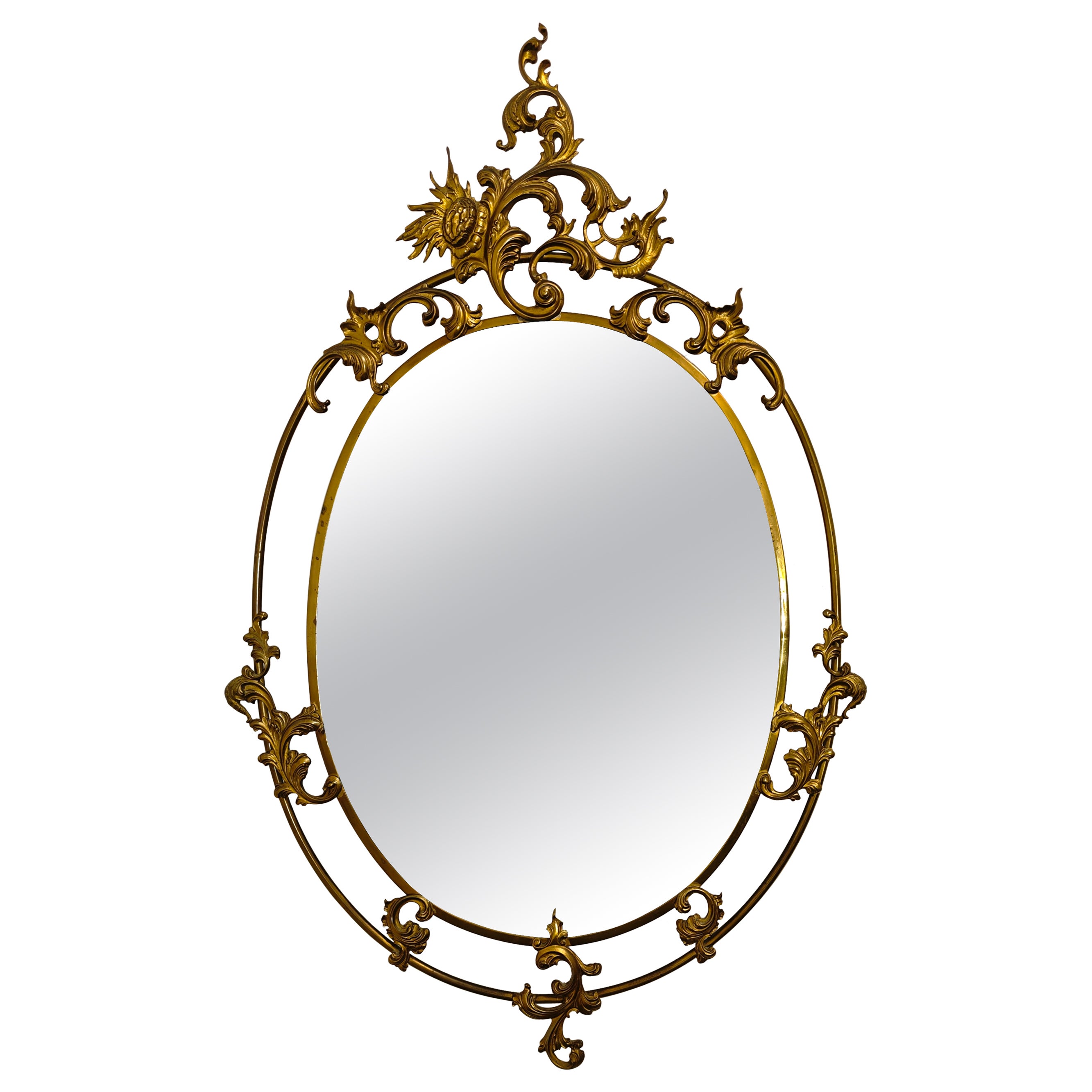 Mid-Century Oval Wall Mirror With Decorative Brass Frame Italy 40/50s