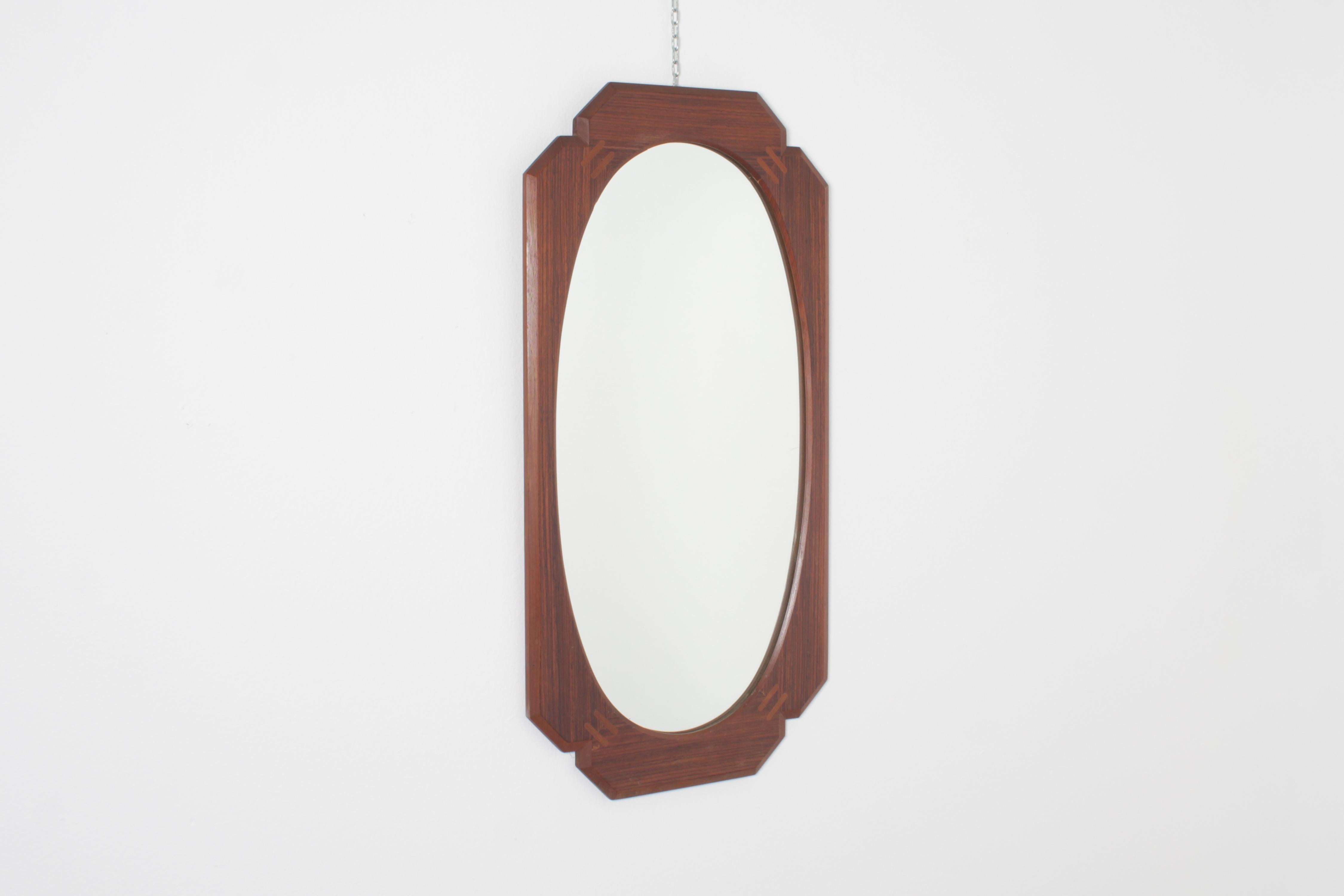 Mid-Century Modern Mid-Century Oval Wall Mirror with Geometric Wooden Frame, 60s Italy For Sale