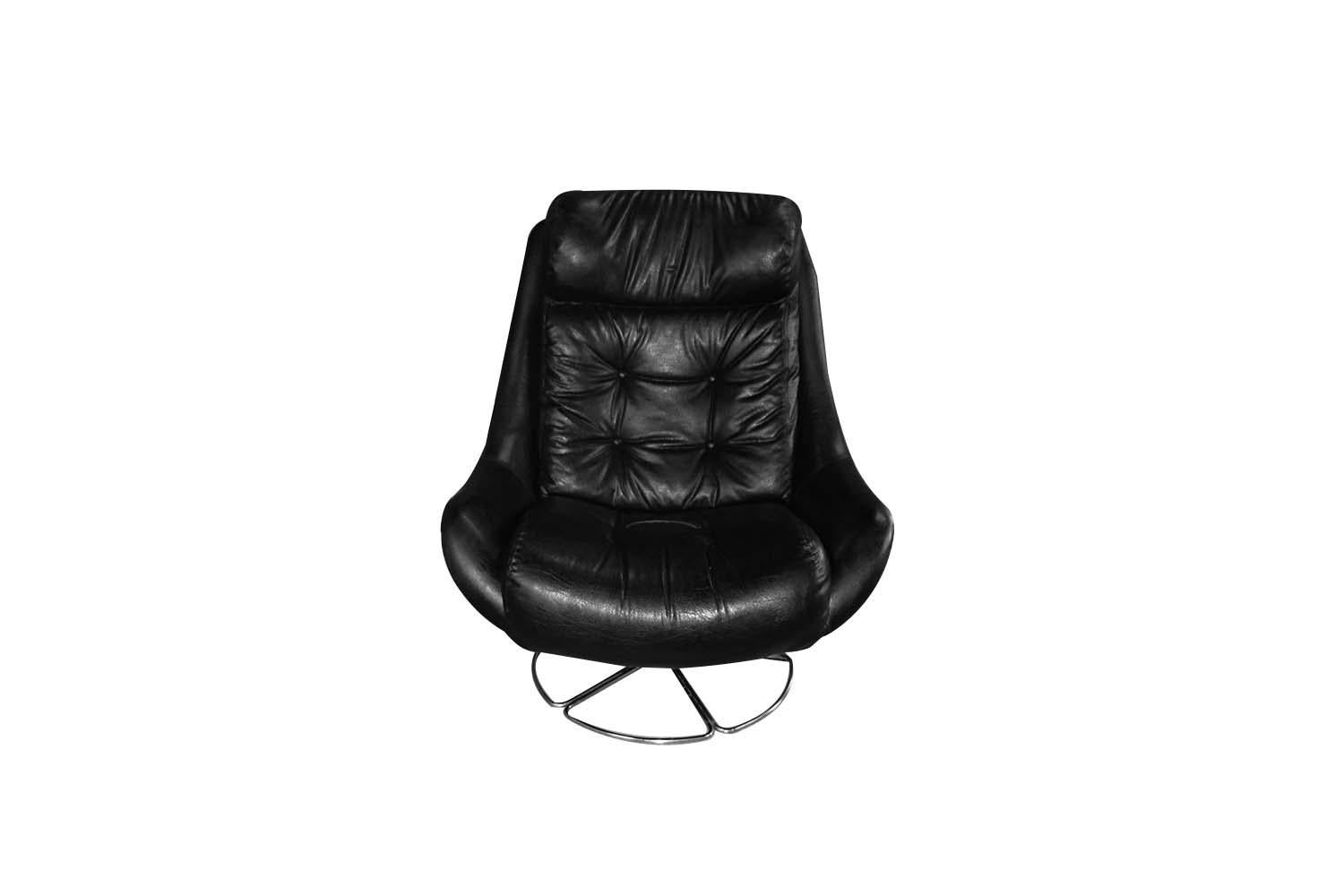 Unknown Midcentury Overman Style High Back Swivel Black Chair